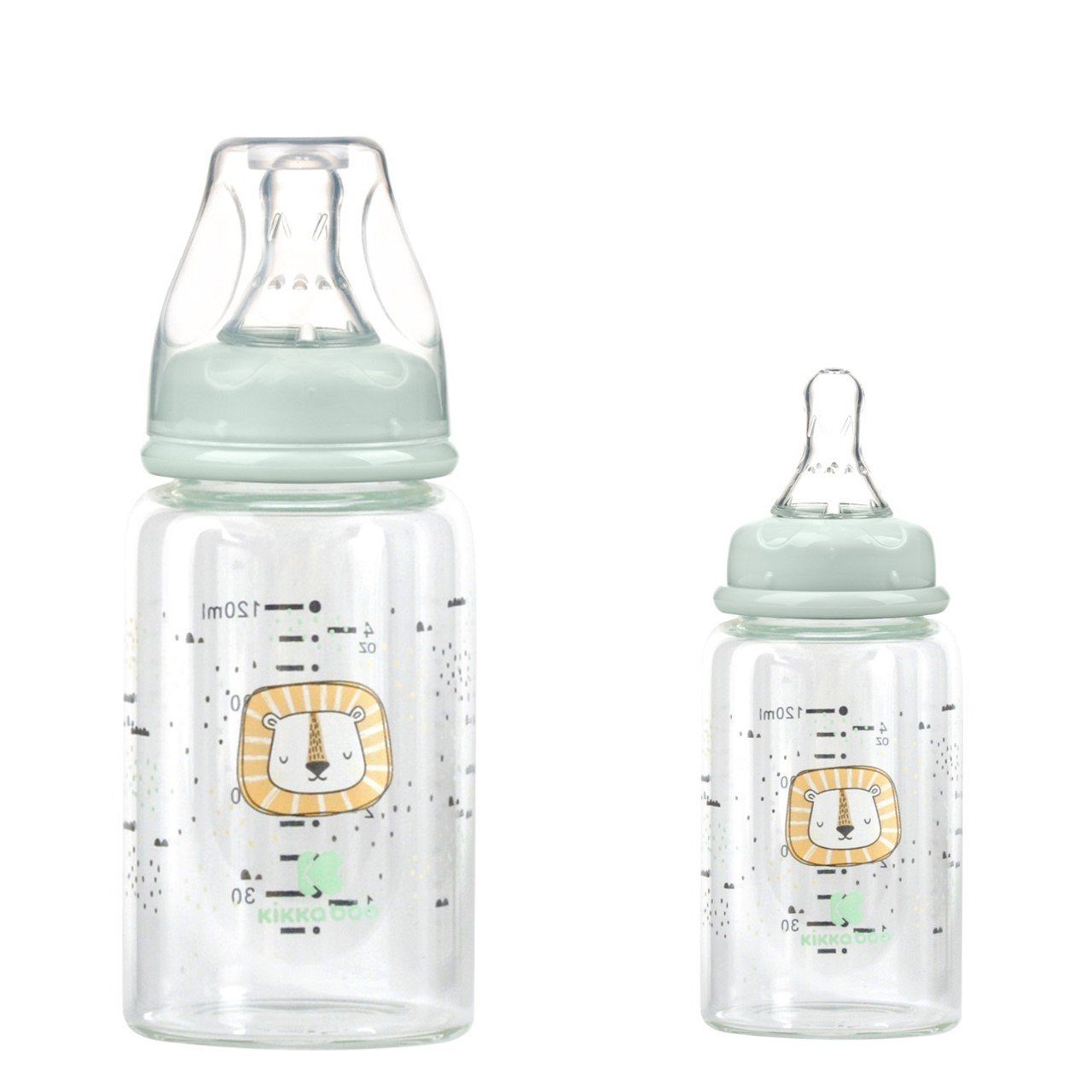 Kikkaboo Babyflasche Baby Glasflasche 120 ml, Savanna Anti-Kolik-Silikonsauger Größe S Deckel grün