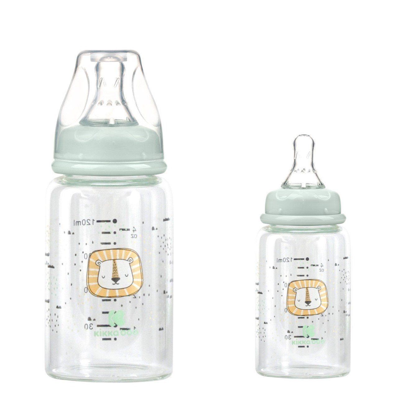 Kikkaboo Babyflasche Baby Glasflasche 120 ml, Savanna Anti-Kolik-Silikonsauger Größe S Deckel