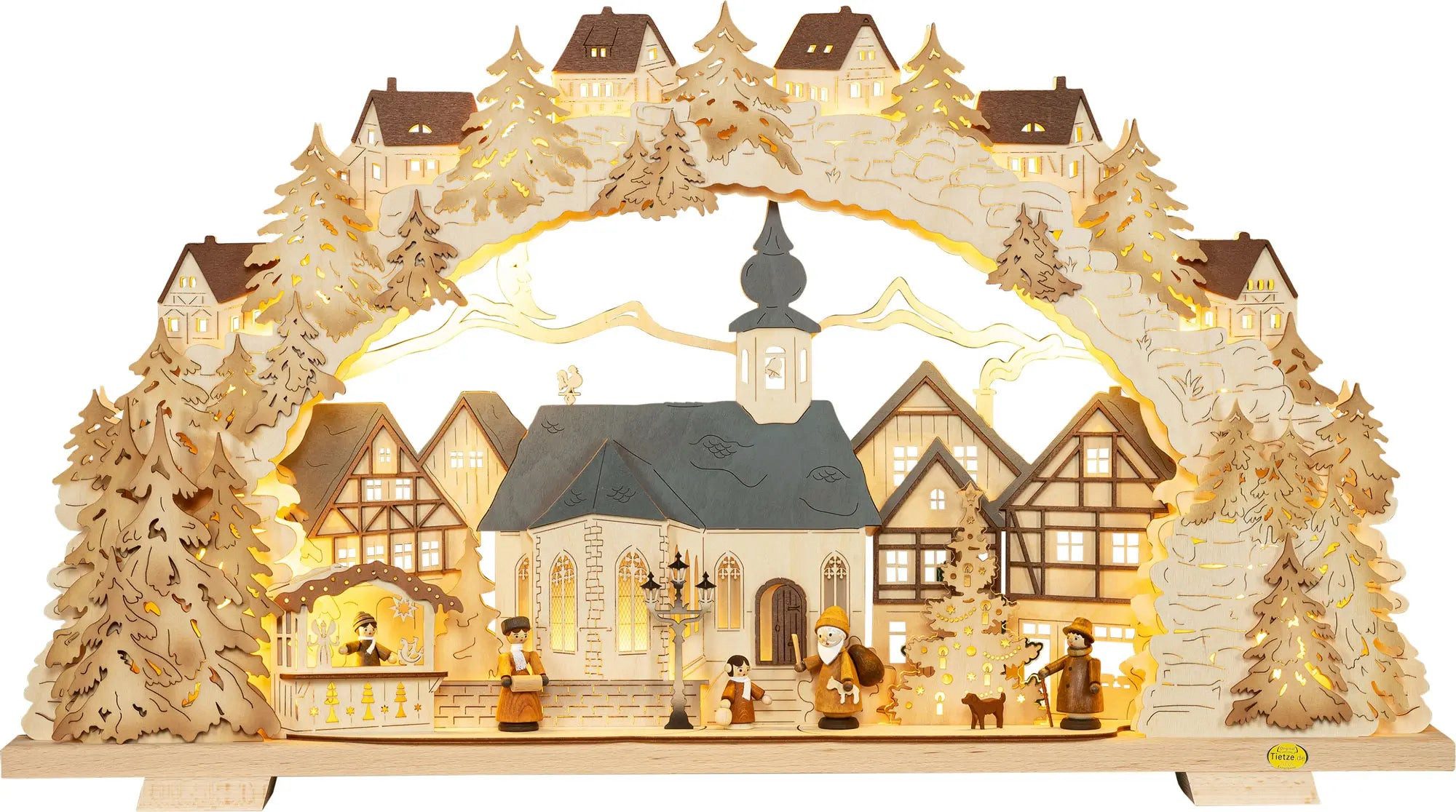 Tietze Erzgebirgsdesign LED Schwibbogen Advent Natur-Figuren beleuchtete Kirche, 70x39x7,5 cm (BxHxT)