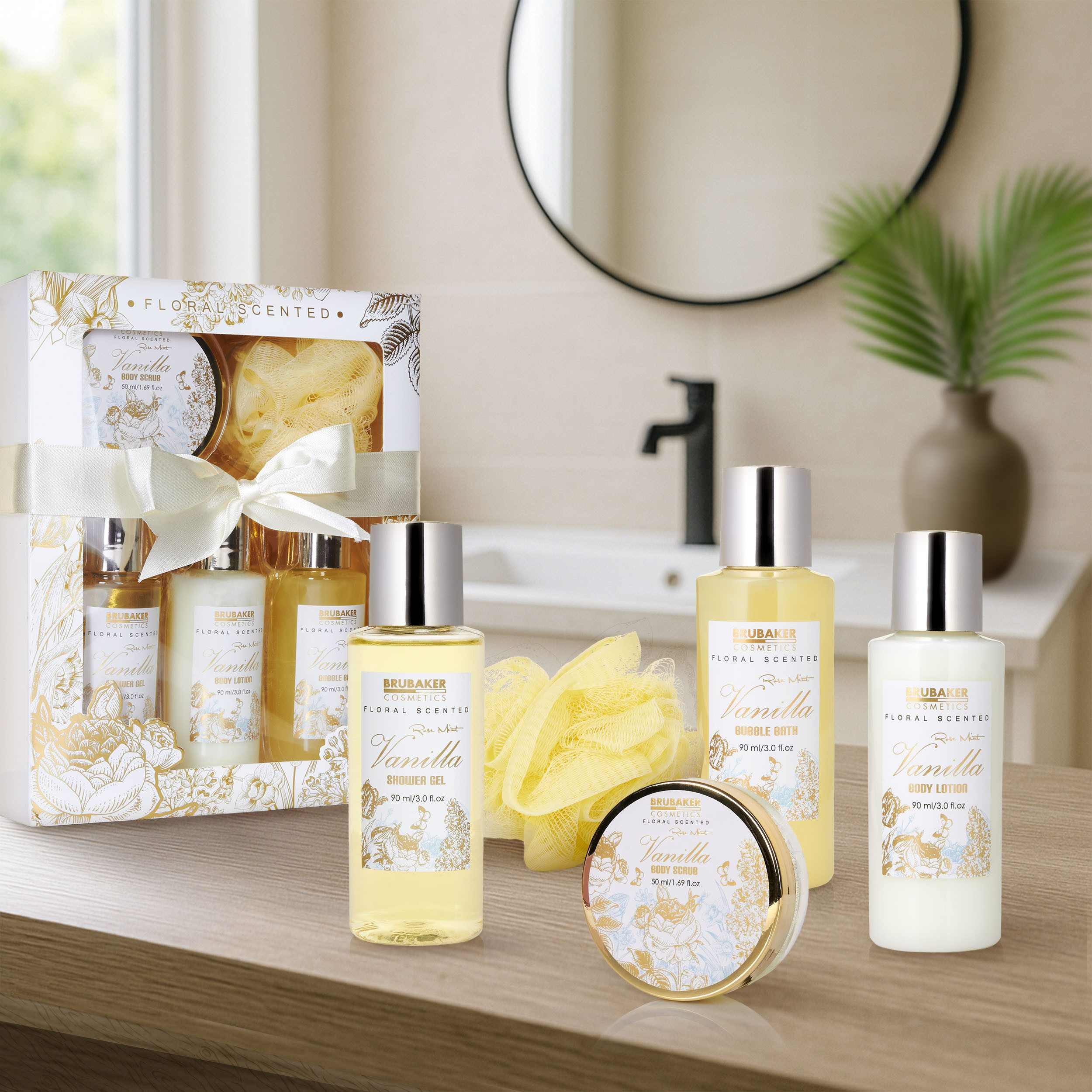 BRUBAKER Pflege-Geschenkset Dusch- und Badeset mit Vanille, Rosen & Minze Duft, 5-tlg., Frauen Geschenkset in Sichtfensterbox, Beauty Pflegeset für Damen
