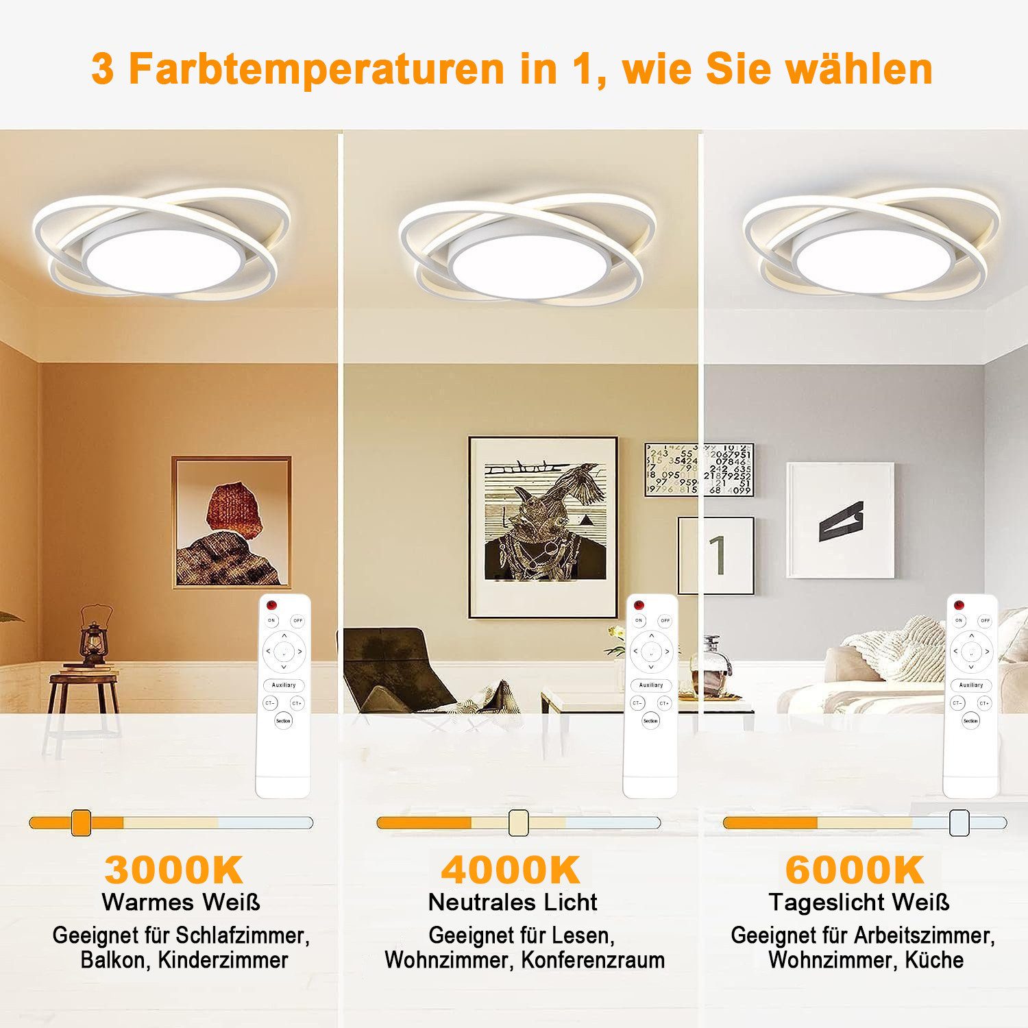 Fyrove Deckenleuchten Deckenlampe Wohnzimmer 53cm mit stufenlos dimmbarer Farbtemperatur, 62W3000-6500k, LED fest integriert, Modern Runde Wohnzimmer Schlafzimm – Bild 5 von 5