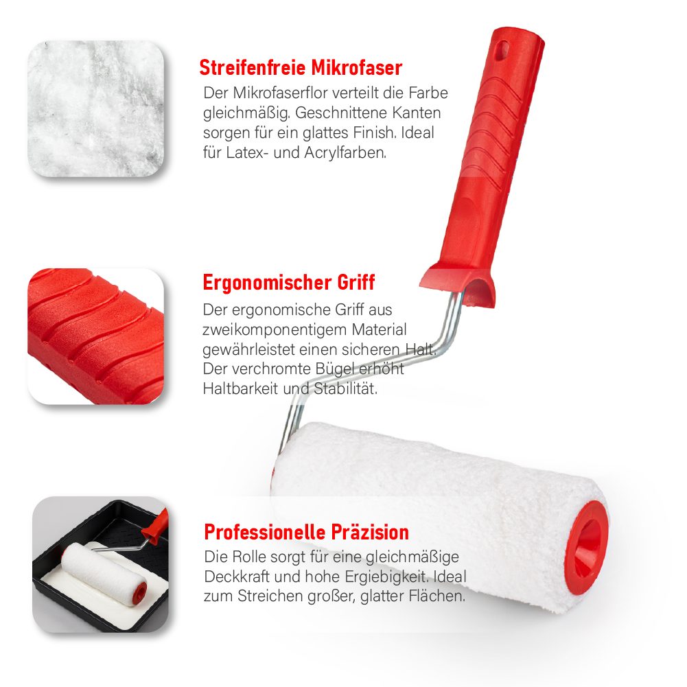 Prima-Online Farbroller Farbroller 18/24 cm Mikrofaser – Malerrolle mit Griff &Bügel Ø8 mm Set
