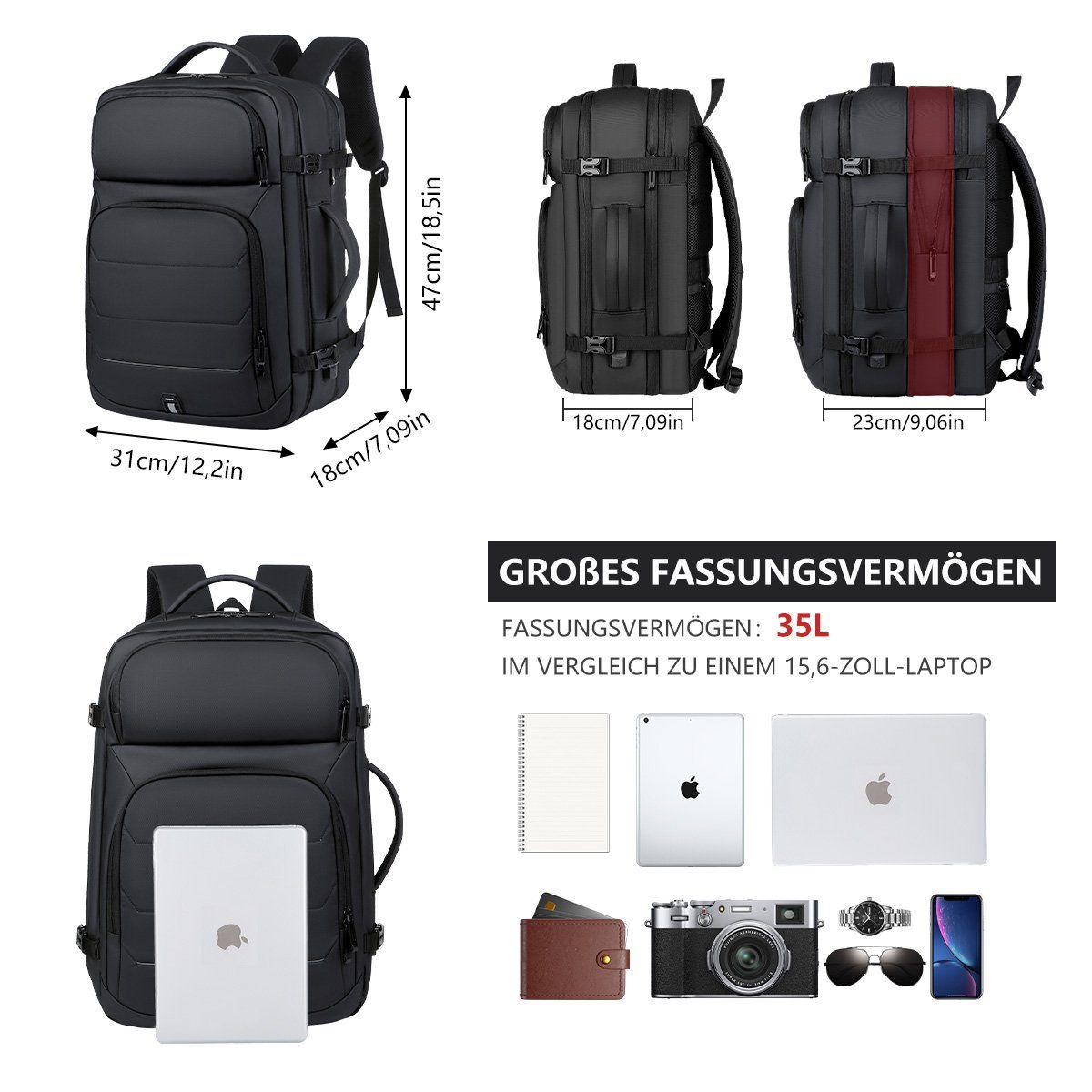 Laptop 7Magic Erweiterbarer Teenager College Notebook (mit Diebstahl Ladeanschluss Laptoptasche Schulrucksack Reisen), Arbeit Damen, Rucksack Reiserucksack Anti Business Großer Herren,Schwarz für USB