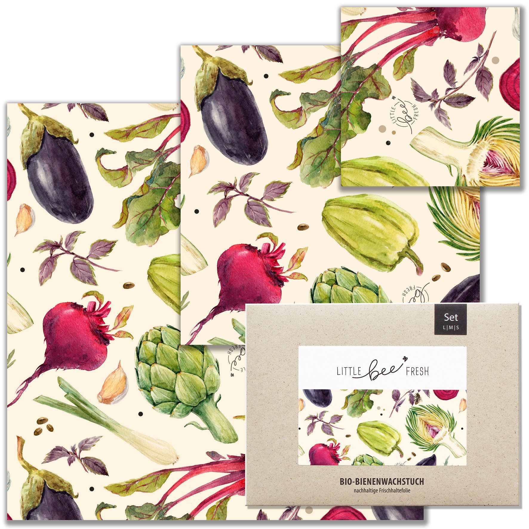 little bee fresh Bienenwachstücher Bio-Bienenwachstücher Starter-Set S/M/L, Set, 3-tlg., wiederverwendbar, plastikfrei, nachhaltig, regional