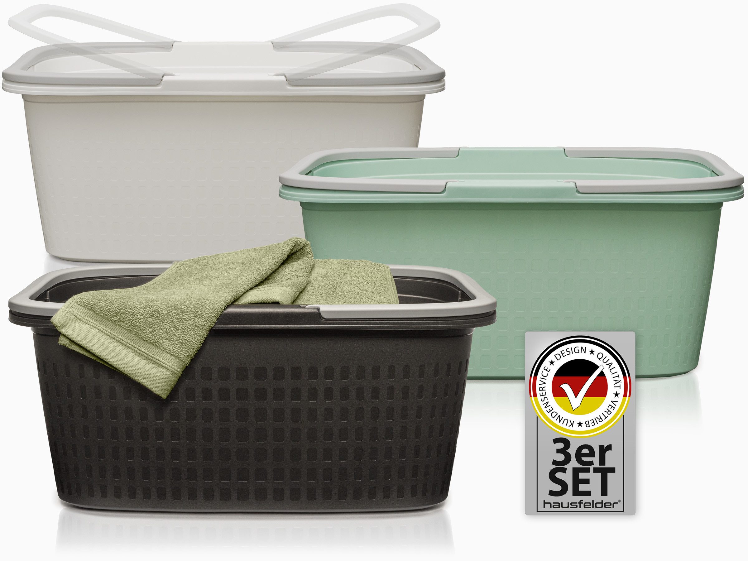 Hausfelder Wäschekorb Wäschewanne 58x37x25cm (Farbmix, 3 Wannen, 35 l) (Set, 3 St., 3 x Wäschewannen), mit klappbaren Henkeln, mit Griffen, 35 Liter