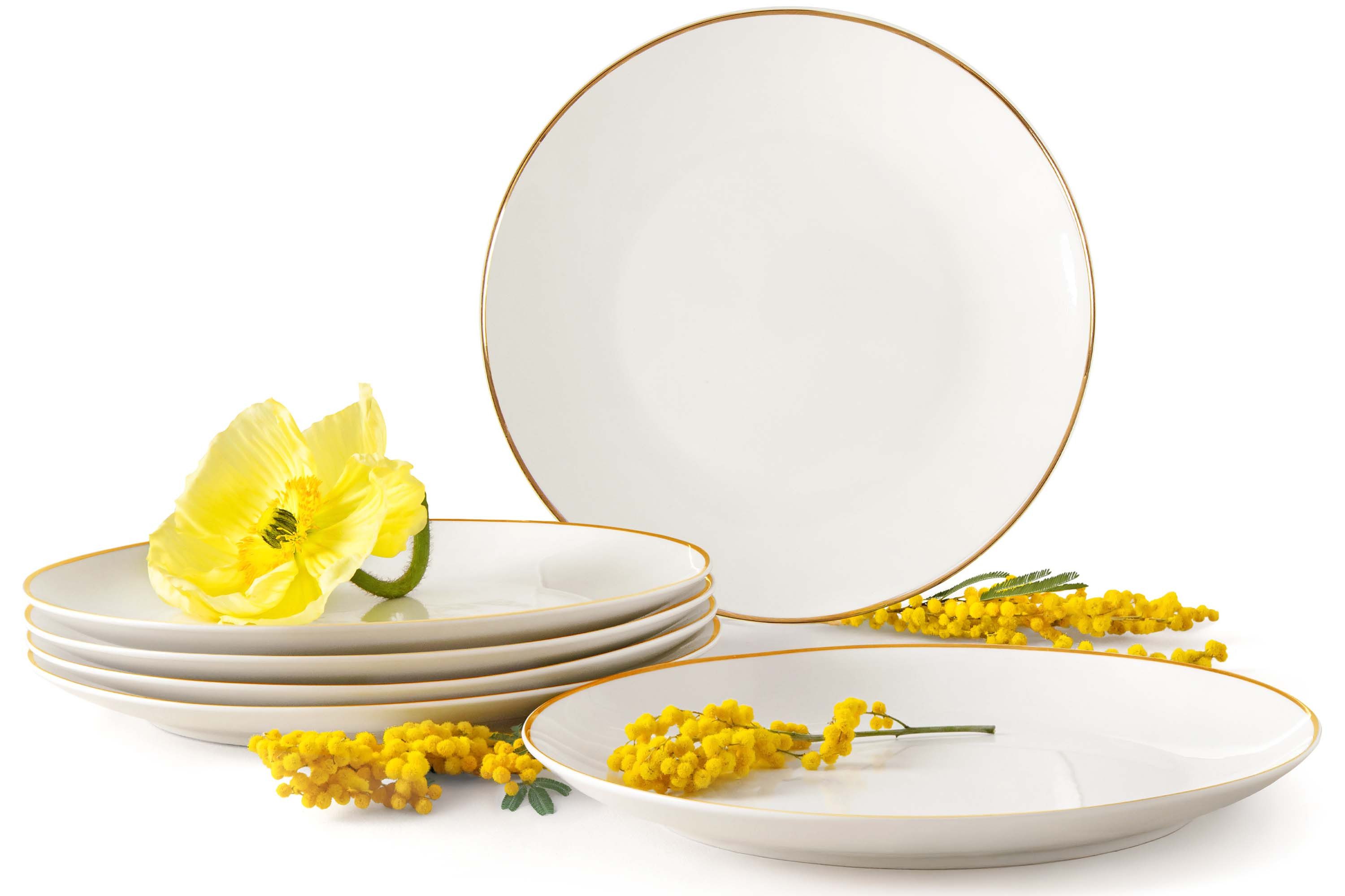 KONSIMO® Tafelservice AD BELLA Teller-Set, 6x Speiseteller, ecrufarben, Hartporzellan (6-tlg), 6 Personen, Porzellan, zeitloses Design, ecru Farbe mit Goldlinie, Handwäsche empfohlen