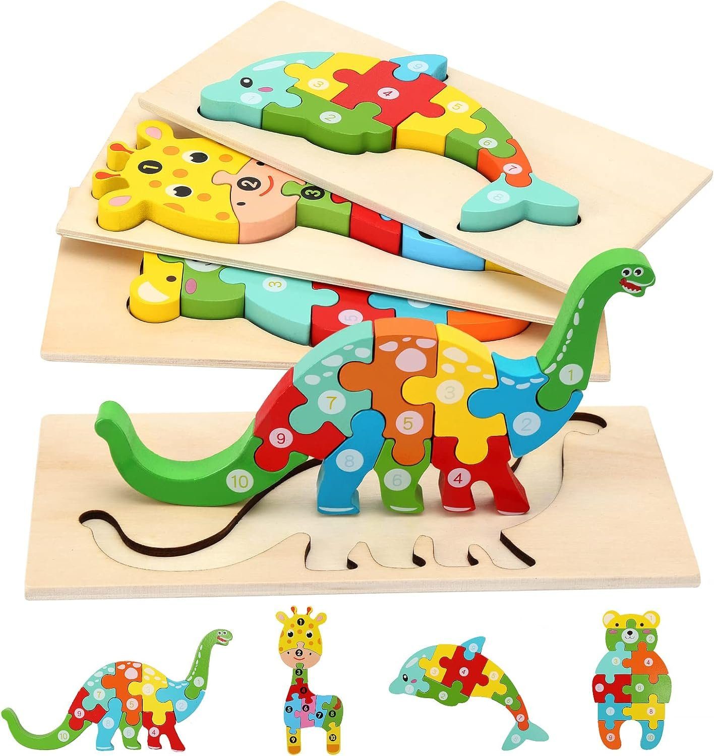 Inshow Steckpuzzle Steckpuzzle Holzspielzeug, Puzzleteile Interaktives Holz-Tierpuzzle