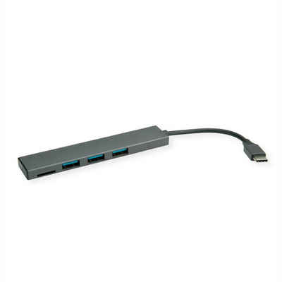 ROLINE USB 3.2 Gen 1 Hub, 3fach, Typ C Anschlusskabel, mit CardReader Computer-Adapter, 10.0 cm