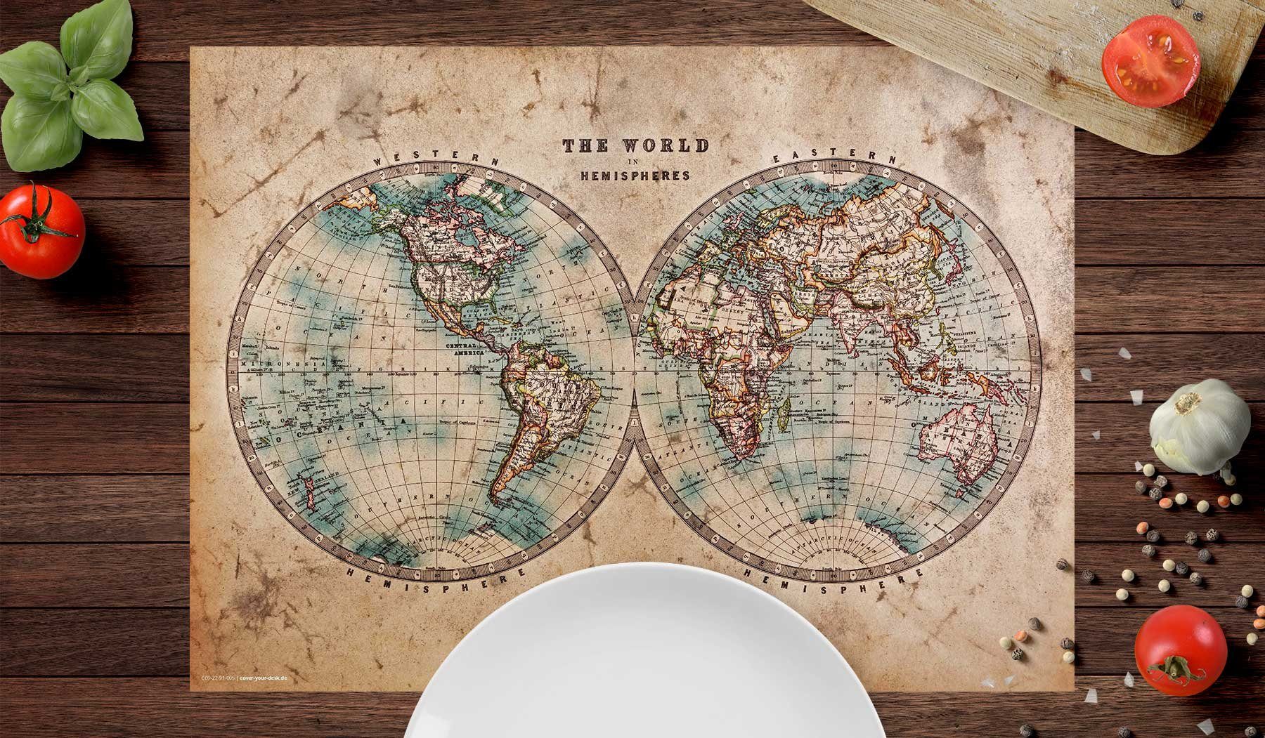 cover-your-desk.de Platzset Tischset, Platzset abwaschbar - Historische Weltkarte - aus Premium Vinyl (Kunststoff - BPA-frei) - 4 Stück - 44 x 32 cm - rutschfeste Tischdekoration!, (4-St)