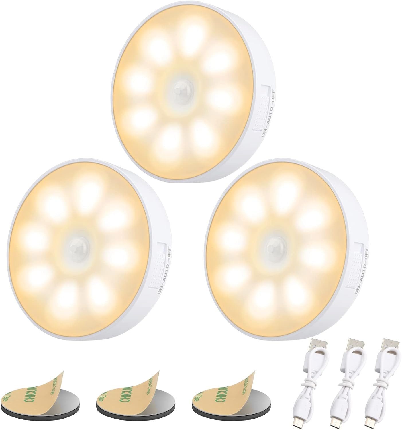 FELIXLEO LED Unterbauleuchte 3 Stueck 8 LEDs Nachtlicht mit Bewegungsmelder USB Aufladbar Warm