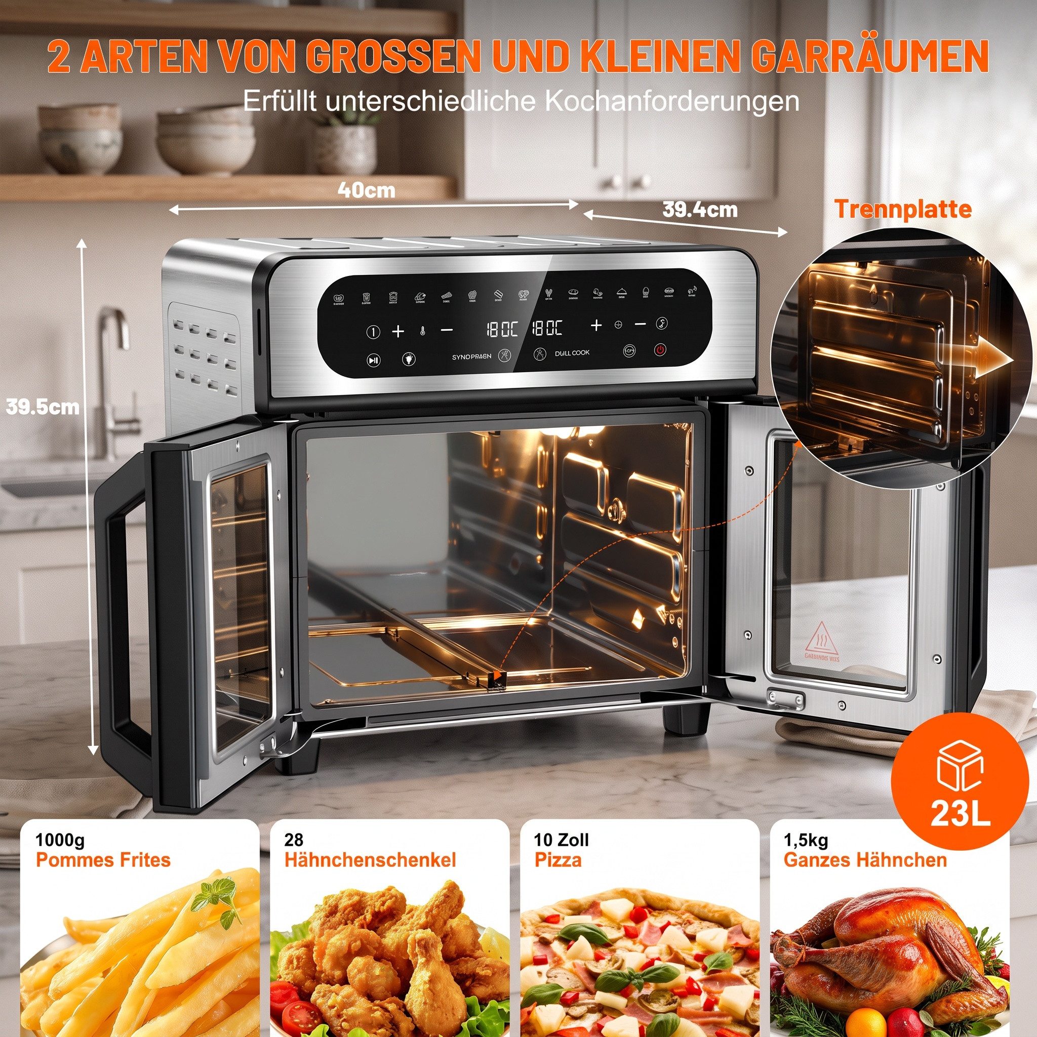 oyajia Heißluftfritteuse XXL Backofen mit Französischen Türen, Air Fryer Dual Zone mit Smart-Touch, Sync Finish, 15 Programme, Inkl. 13 Zubehörteile, Metallgehäuse, 2700,00 W