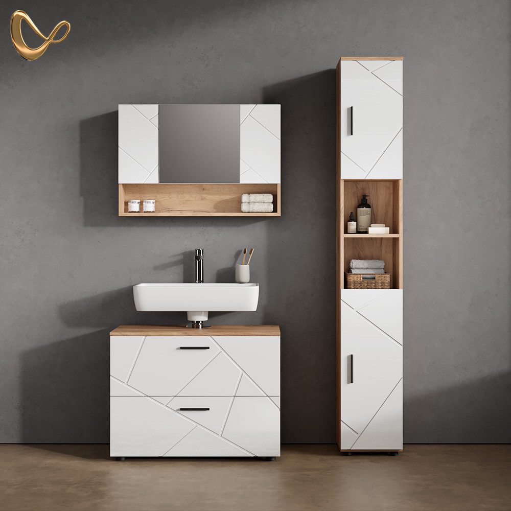 Livinity® Badezimmerspiegelschrank Ronco, Weiß Hochglanz/Goldkraft Eiche, 8 günstig online kaufen