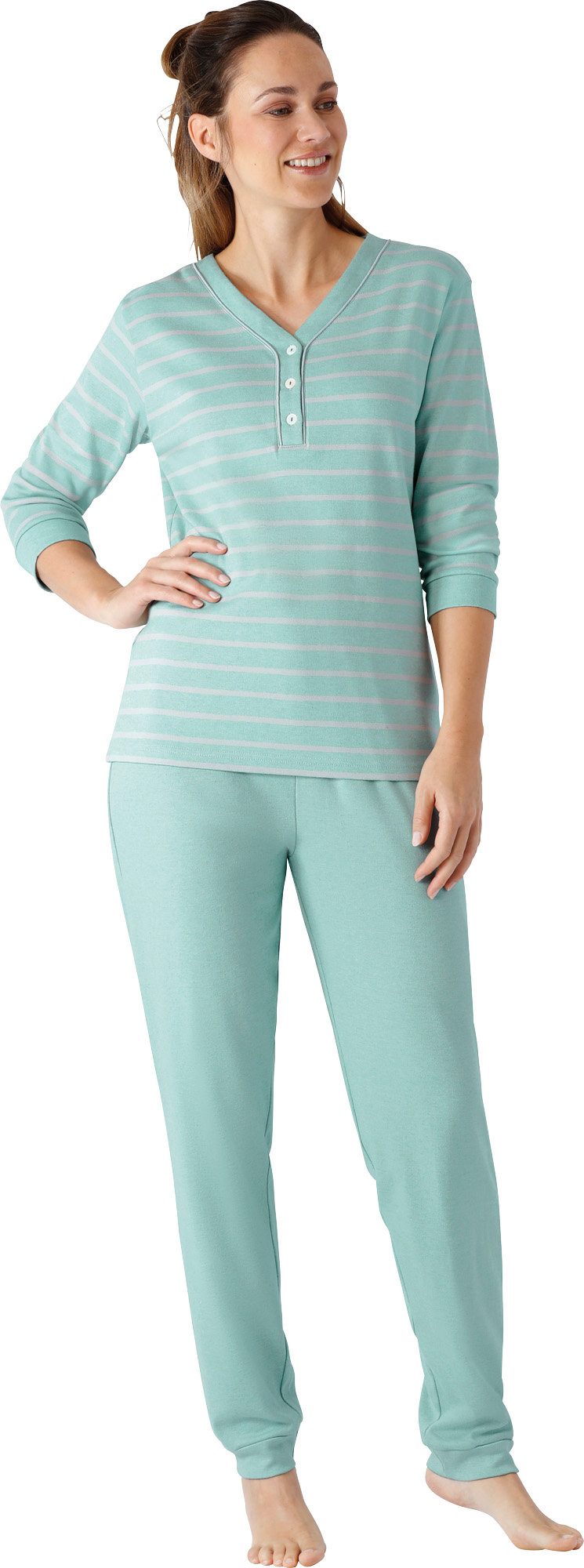 Hajo Pyjama Damen-Schlafanzug Interlock-Jersey Streifen: Oberteil, gestrickter Ringel
