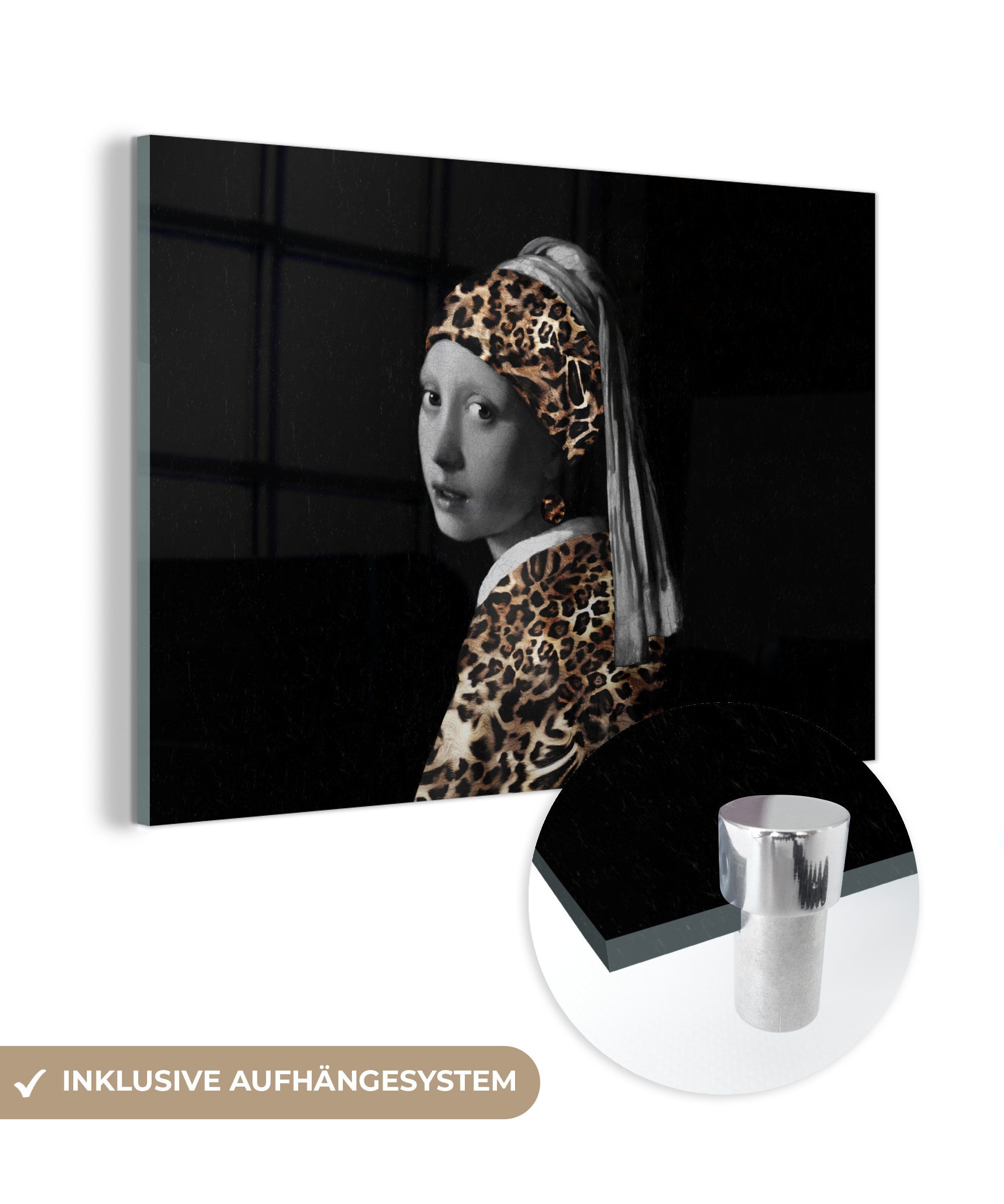 MuchoWow Acrylglasbild Das Mädchen mit dem Perlenohrring - Panther - Design, (1 St), Glasbilder - Bilder auf Glas Wandbild - Foto auf Glas - Wanddekoration