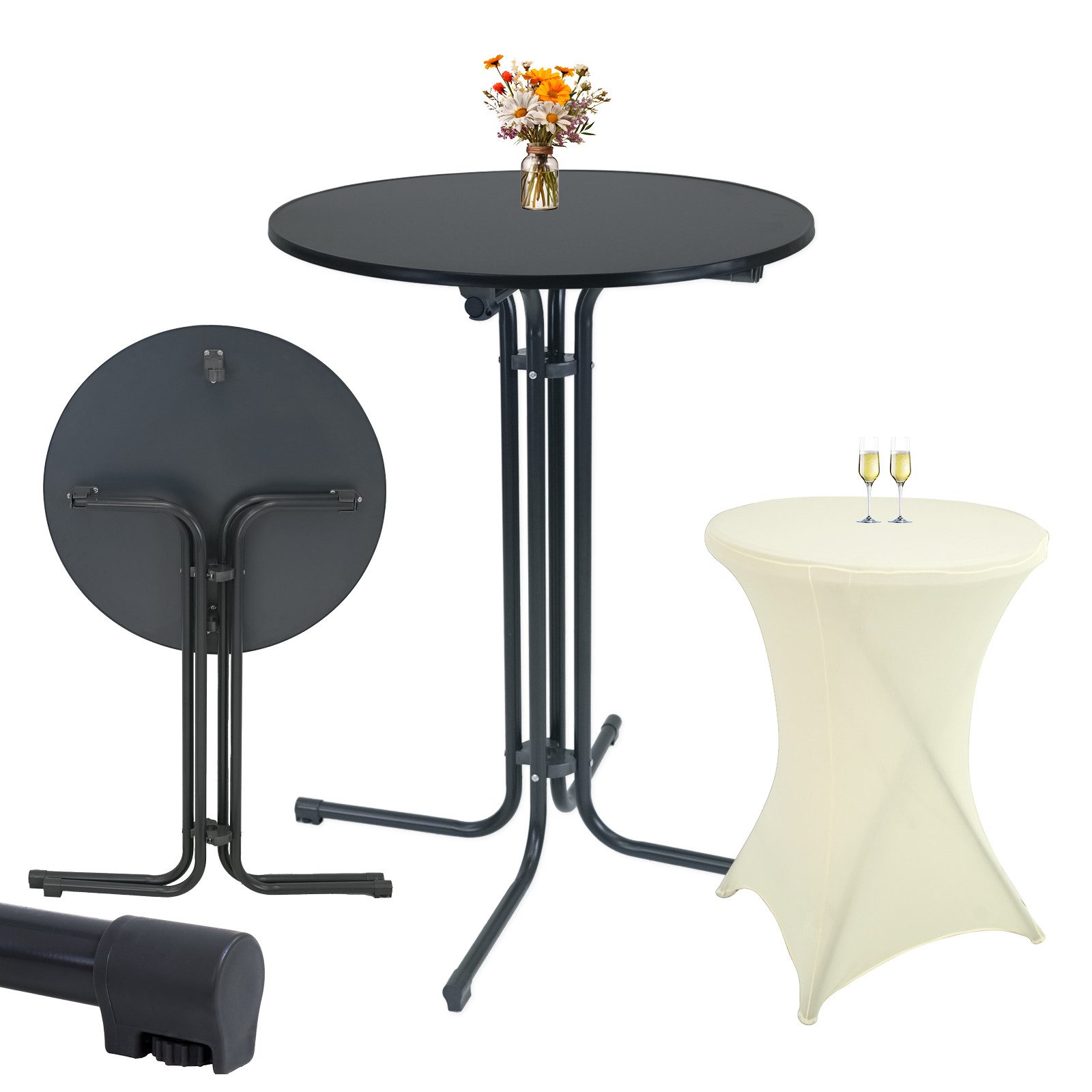 TRUTZHOLM Stehtisch Set Stehtisch klappbar Ø 80 cm in Anthrazit & Husse in Beige bügelfrei (Set aus Stehtisch und Husse), klappbar