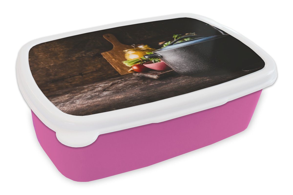 MuchoWow Lunchbox Rustikal - Stilleben - Pfanne - Gemüse, Kunststoff, (2-tlg), Brotbox für Erwachsene, Brotdose Kinder, Snackbox, Mädchen, Kunststoff rosa