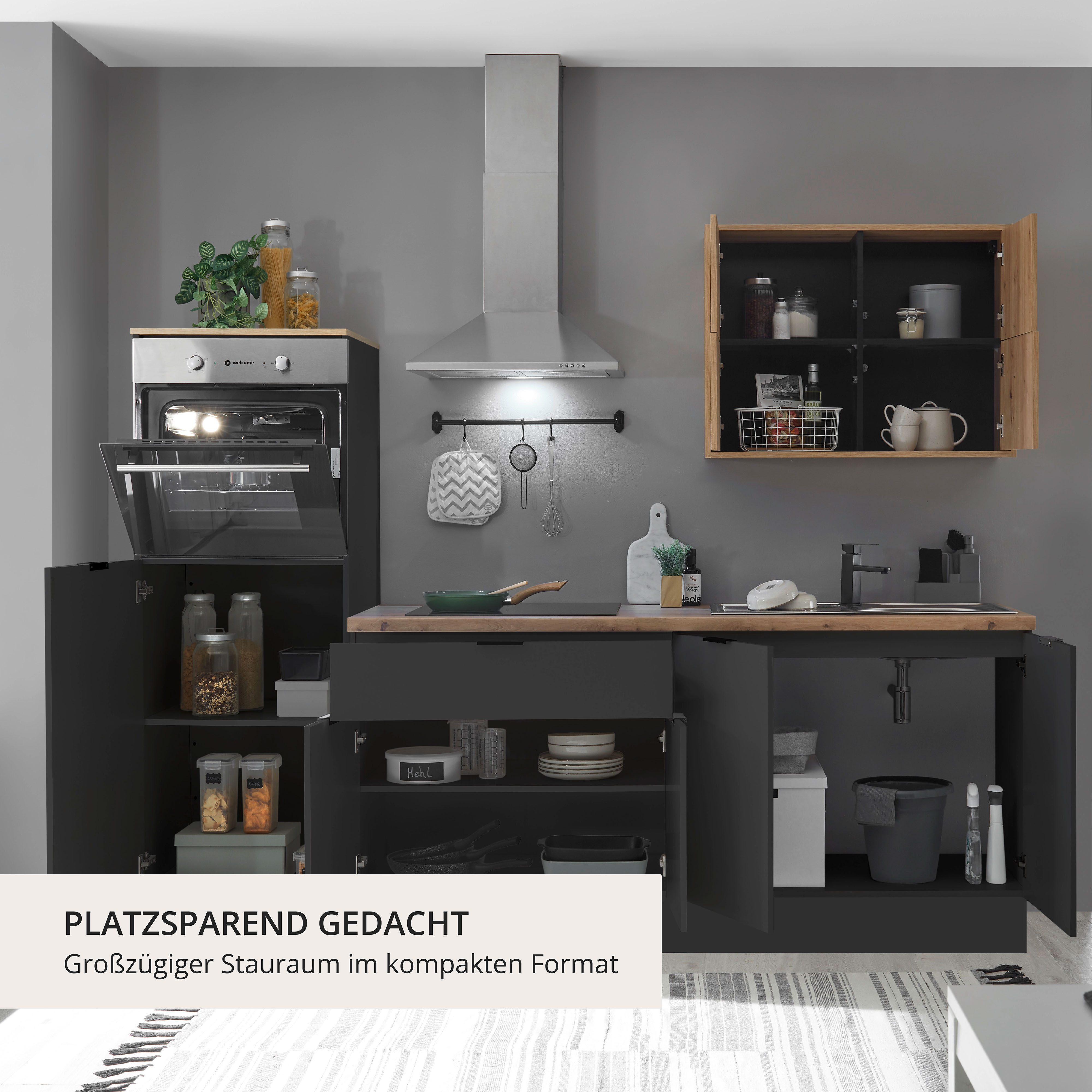 Coin cuisine Kitchenette KS-Georgia, avec plan de travail de 38 mm d'épaisseur, largeur 250 cm, avec appareils électroménagers et réfrigérateur en option