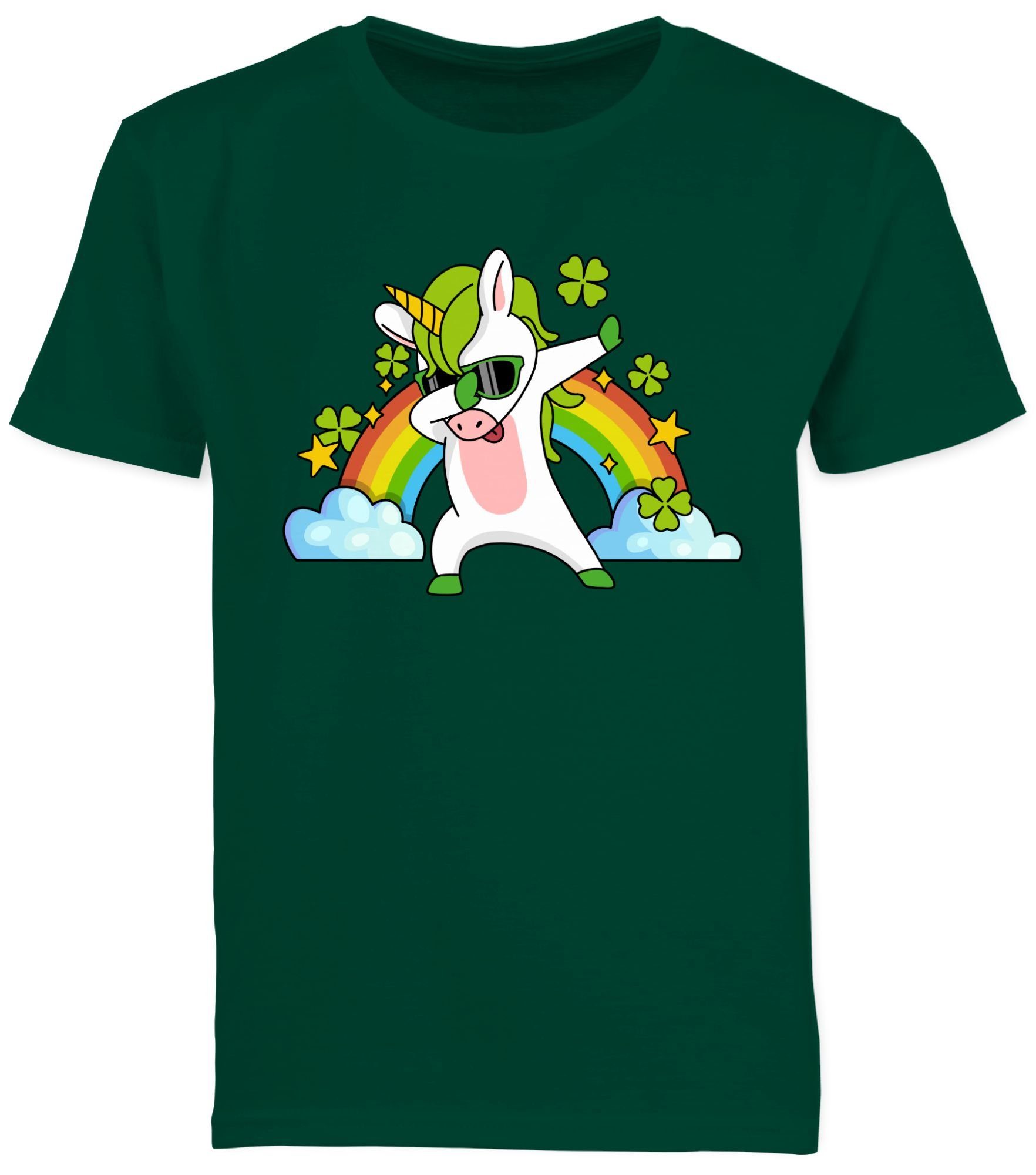 Shirtracer T-Shirt 1 Regenbogen Kinder Anlässe Tannengrün Kleeblatt Einhorn Dabbendes
