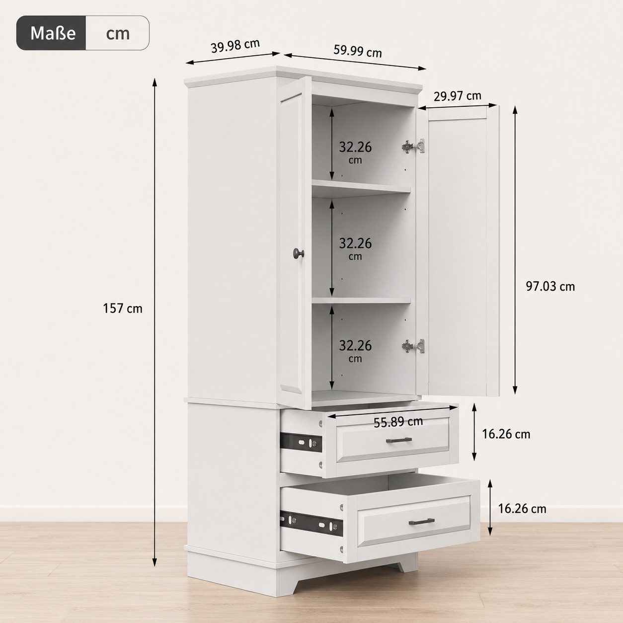 Simurq Kommode Hochschrank Weiß mit 2 Türen, 2 Schubladen, 157 cm hoch (Einzelmöbel, 1 St., 1 Hochschrank), Platzsparende hohe Bauform