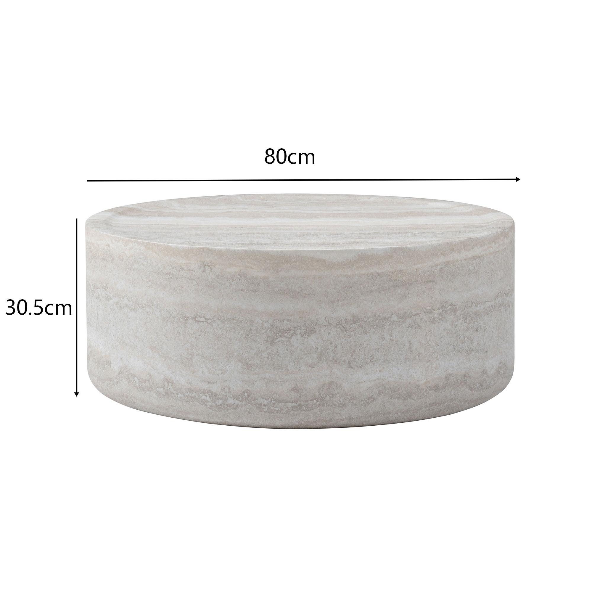 NJLyuhome Couchtisch rund 80 cm – Moderner Wohnzimmertisch im Travertin-Look (1-St), aus Glasfaserbeton mit Folie-Oberfläche