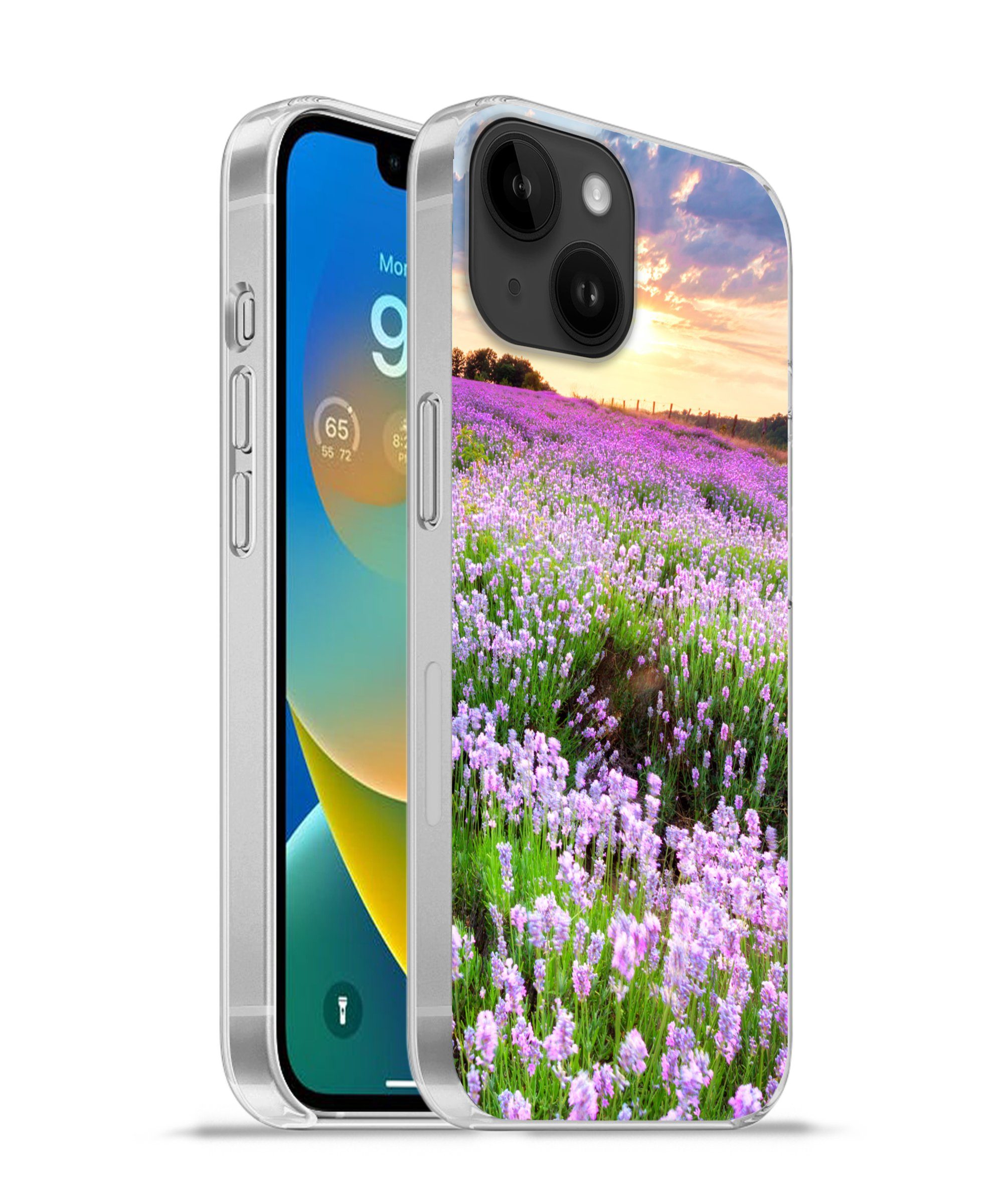 MuchoWow Handyhülle für Apple iPhone 14 Blumen - Lavendel - Lila - Himmel - Sonnenuntergan, Smartphone-Bumper, Print, Handy Schutzhülle Dünn