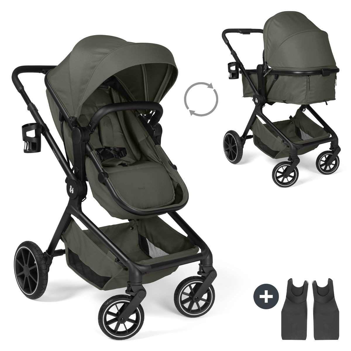 Hauck Kombi-Kinderwagen Convert N Care - Olive, 2in1 Kinderwagen Set Babywanne Umbaubar zum Wendbaren Sitz - bis 22 kg