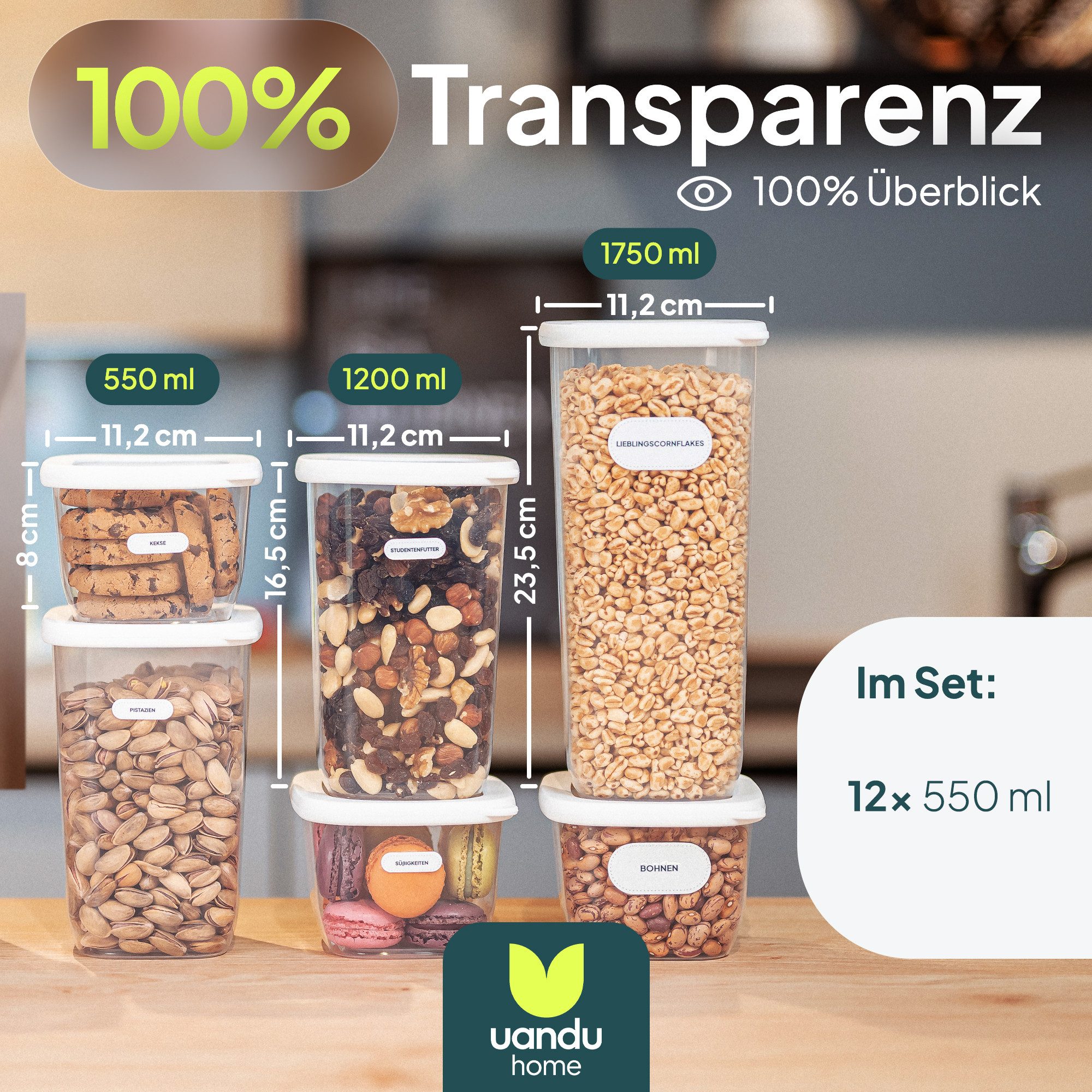 uandu home Vorratsdose Vorratsdosen mit Deckel Luftdicht, Vorratsbehälter Set, BPA Frei, (Vorratsbehälter Set, Aufbewahrungsbox Küche, Luftdichte Aufbewahrungsbox im Set inkl. 80 Etiketten, BPA Frei Kunststoff, Vorratsbehälter Set, Vorratsdosen für alle trockenen Lebensmittel), Tupperdosen Set, Meal Prep Boxen, Aufbewahrungsbox Küche