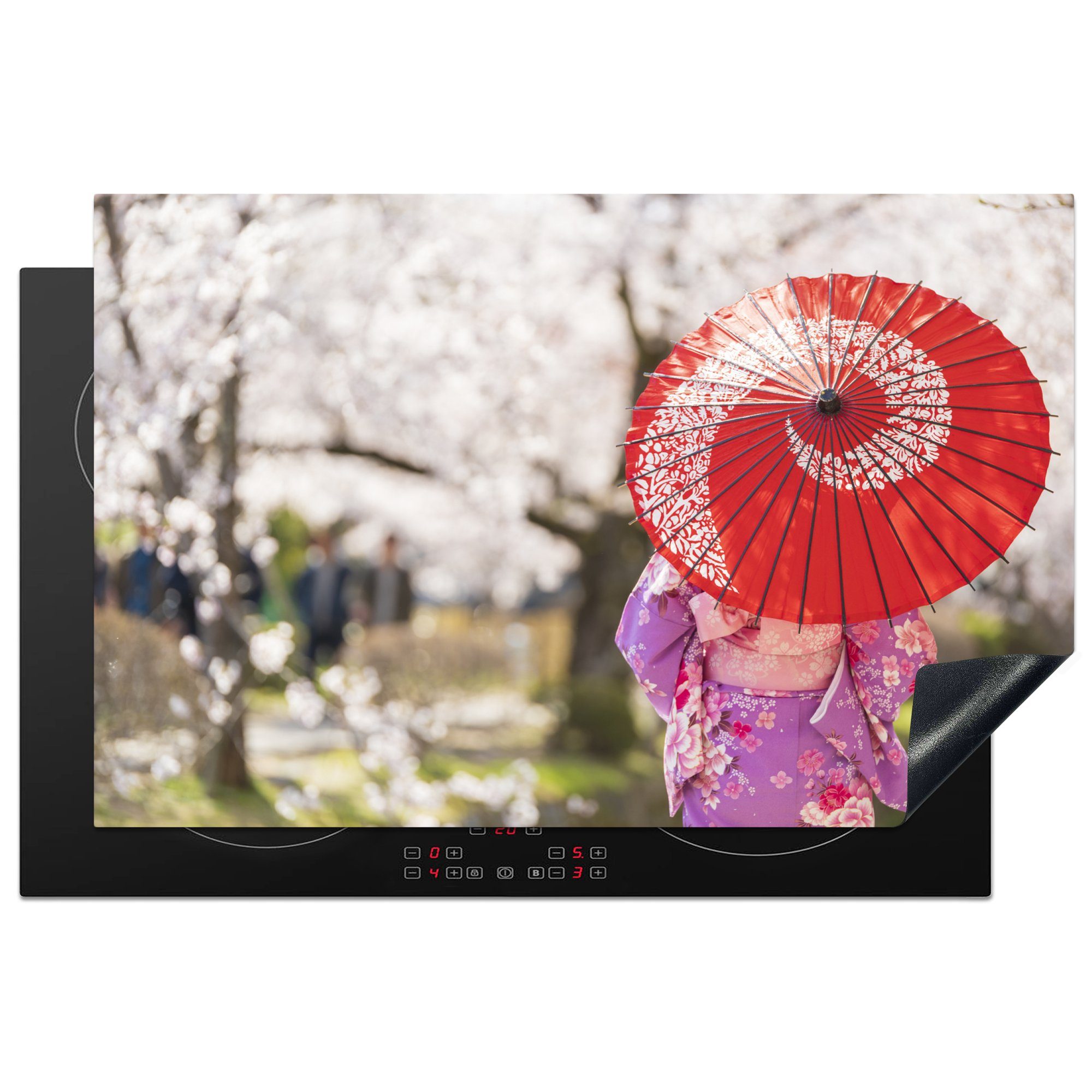 MuchoWow Herdblende-/Abdeckplatte Frau im Kimono mit einem roten Regenschirm in Japan, Vinyl, (1 tlg), 81x52 cm, Induktionskochfeld Schutz für die küche, Ceranfeldabdeckung