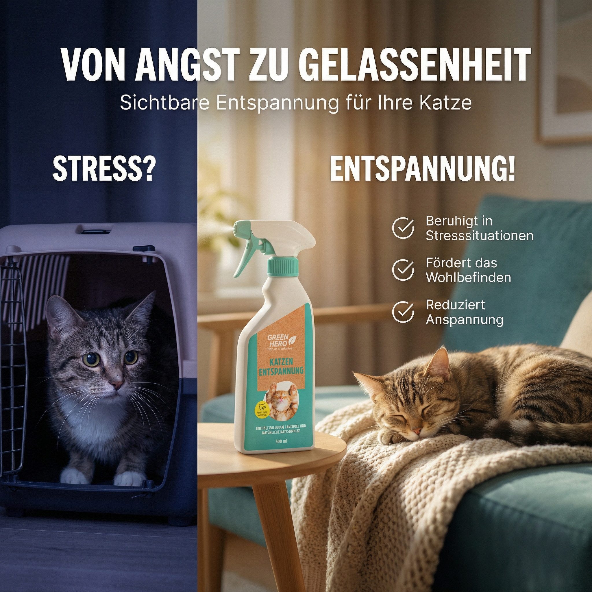 GreenHero Katzen-Spielspray Entspannungsspray für Katzen beruhigende Duftstoffe, natürliche Katzenminze, Baldrian, Lavendel für Wohlbefinden