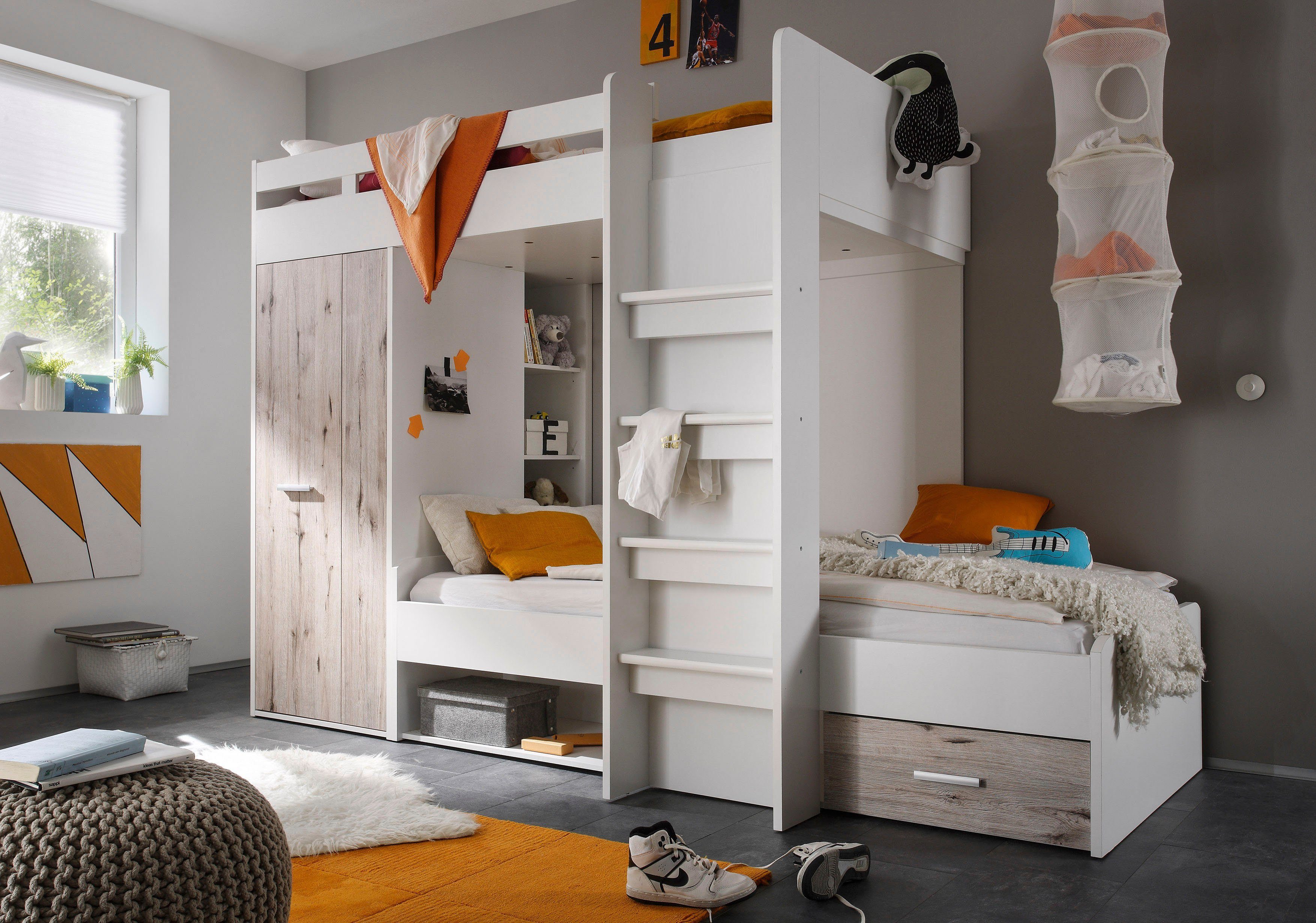 Begabino Hochbett MAXI mit 2 Liegeflächen, Kleiderschrank und Regalen günstig online kaufen