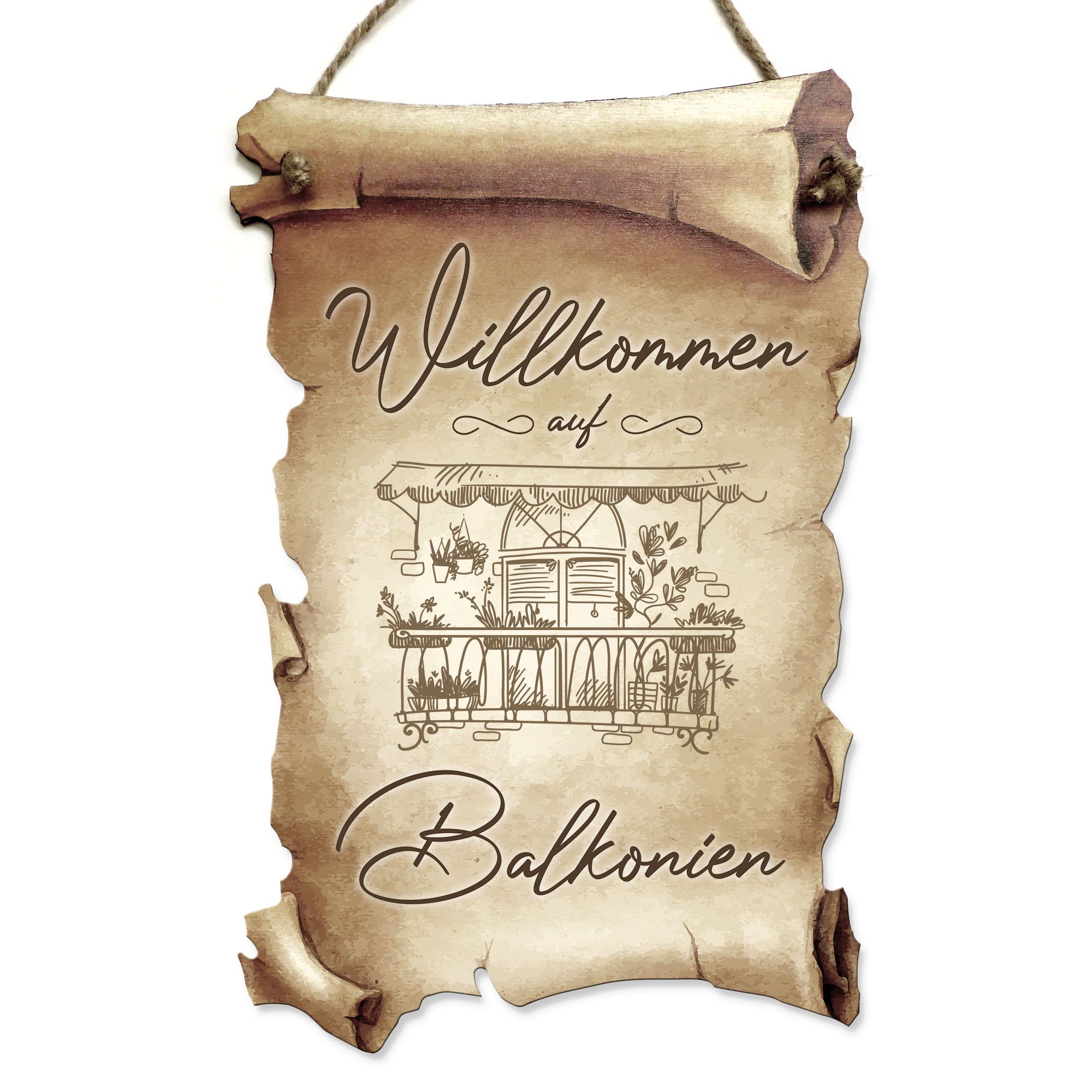 Kreative Feder Wanddekoobjekt Deko-Schild „Balkonien“ aus Holz in Schriftrollen-Optik, mit Motiv & Spruch, ideales Geschenk für Freunde & Familie | Wandobjekte