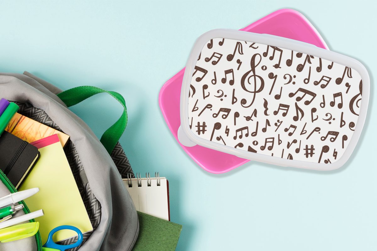 Brotbox - Erwachsene, Brotdose Musik, rosa Kinder, Kunststoff, Lunchbox - Muster Kunststoff Musiknoten (2-tlg), Mädchen, Snackbox, MuchoWow für