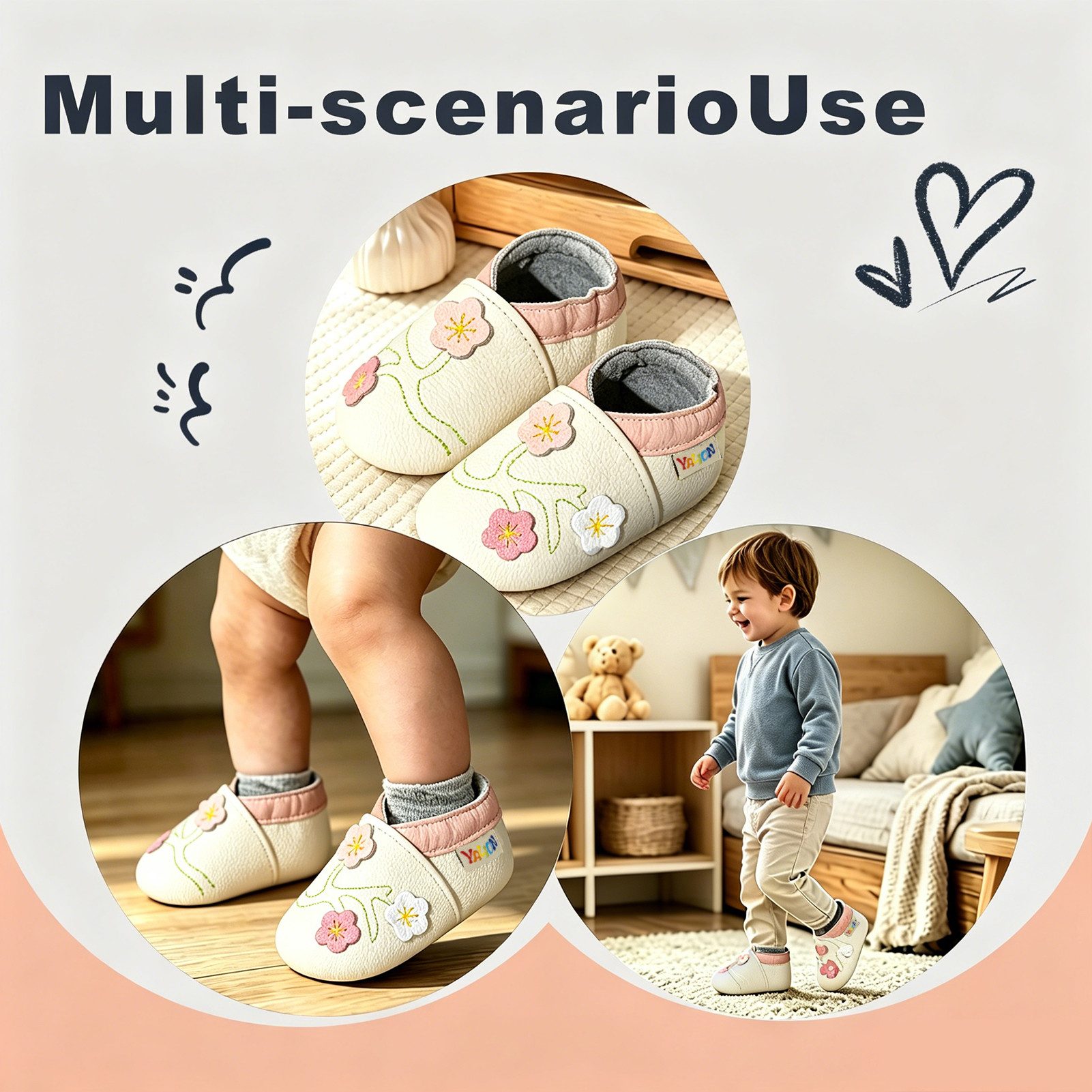 Yalion Baby schuhe aus 100 % Leder Beige mit 3 Blumen Krabbelschuh – Bild 4 von 5