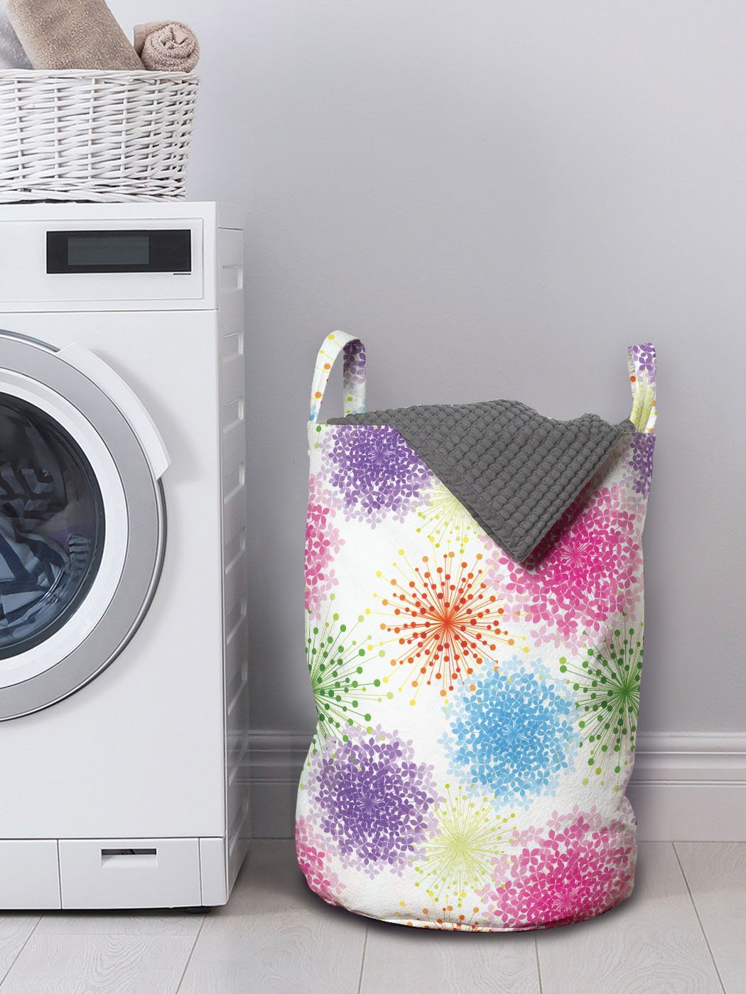 Wäschekorb für Blumen Abstrakte Wäschesäckchen Blumen-Blätter-Motiv Kordelzugverschluss Waschsalons, mit Griffen Abakuhaus