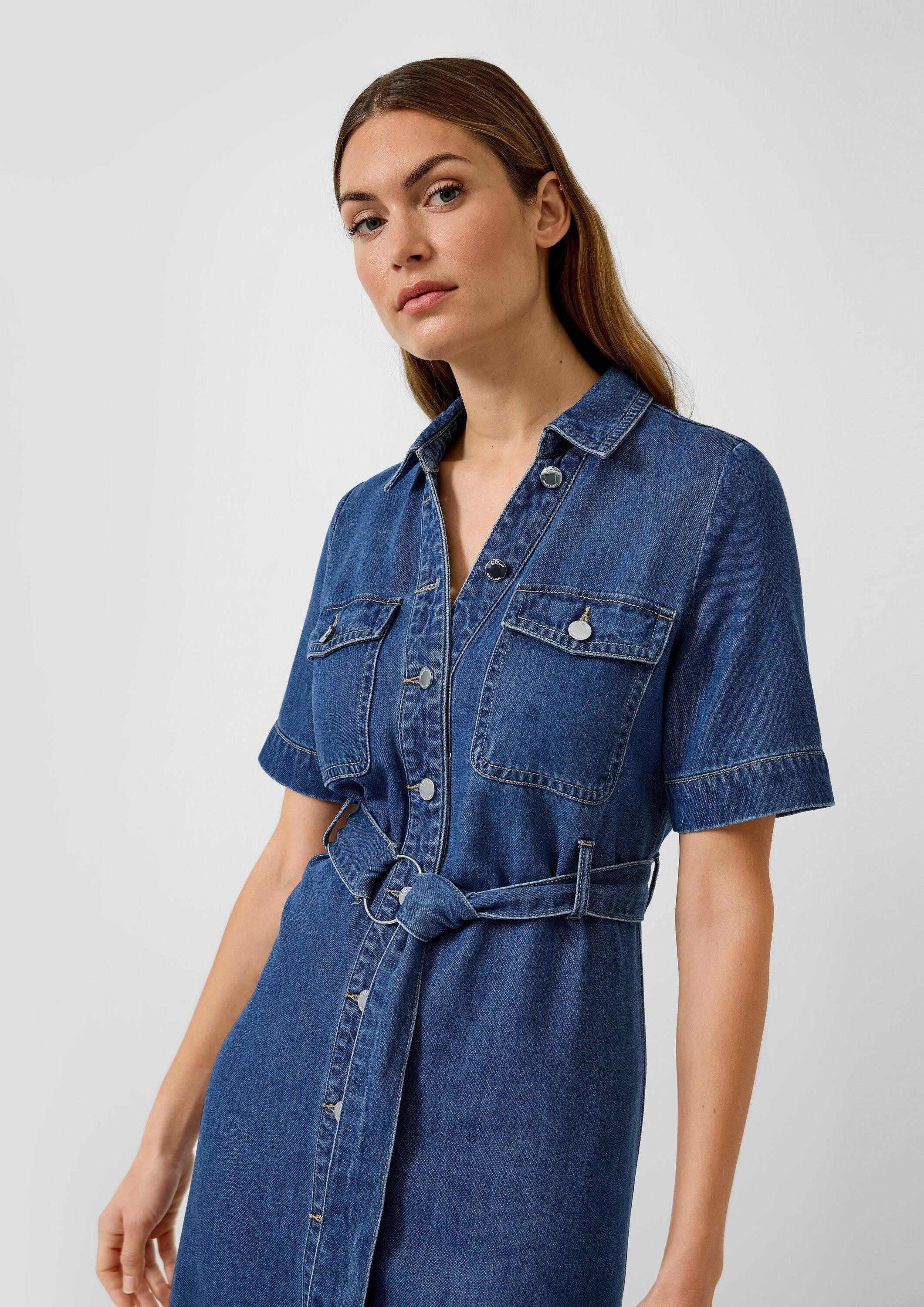 s.Oliver Midikleid Kleid Midi-Jeanskleid mit Hemdkragen und Gürtel