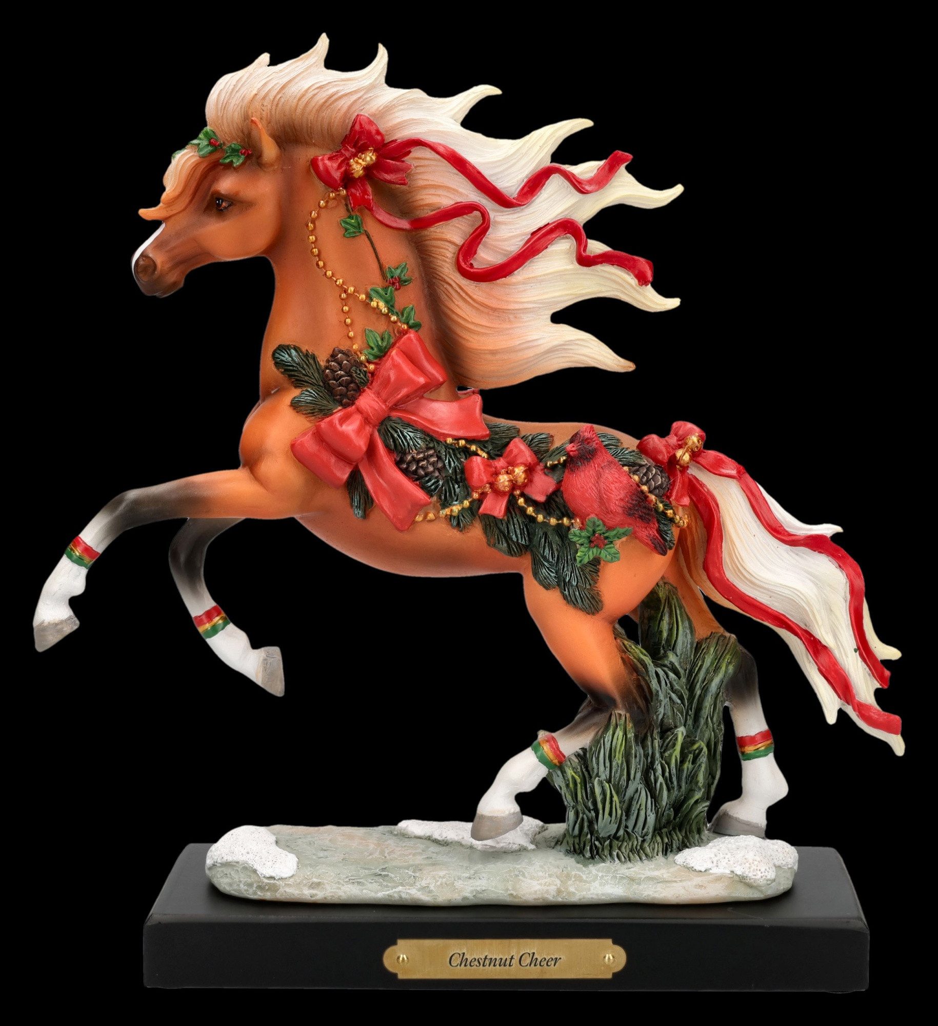 Figuren Shop GmbH Dekofigur Pferdefigur Chestnut Cheer – Weihnachts Pferd Figur 23.5 cm Dekofigur