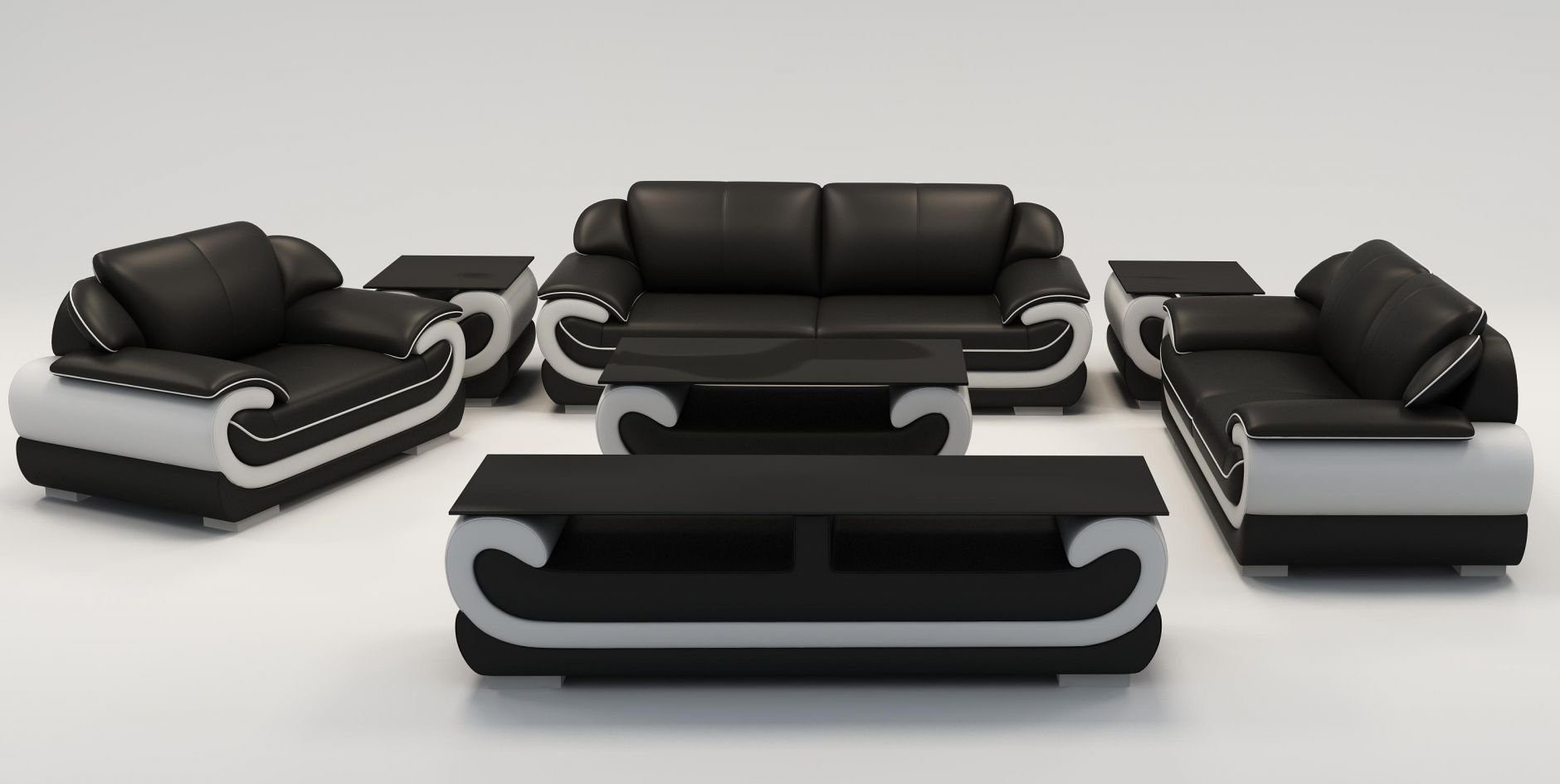 Sofa Schwarz/Weiß Europe Couch Sitzer Garnitur Made JVmoebel Wohnlandschaft Design, Ledersofa 3+1+1 in