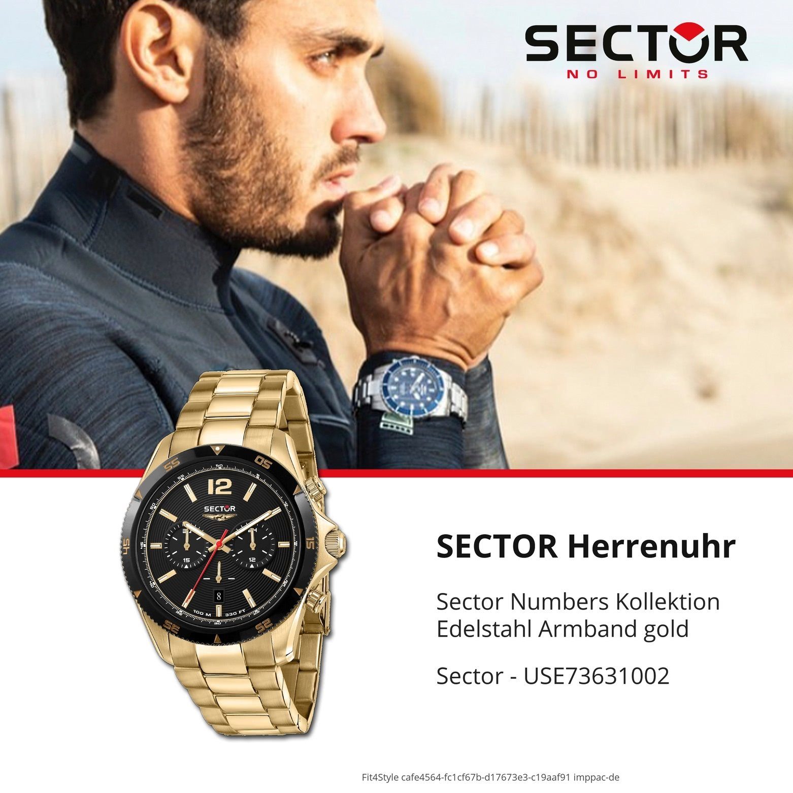 Sector Chronograph Sector rund, (45mm), Edelstahlarmband Armbanduhr Herren Chrono, gold, Armbanduhr Herren Fashion groß