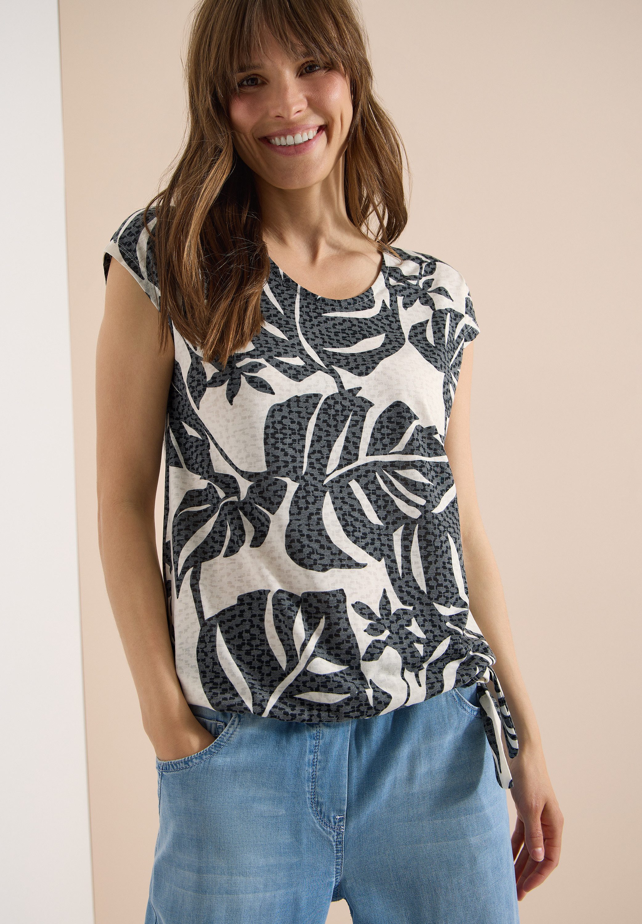 CECIL Kurzarmshirt Sommershirt in Ausbrenner-Optik/mit floralem Print