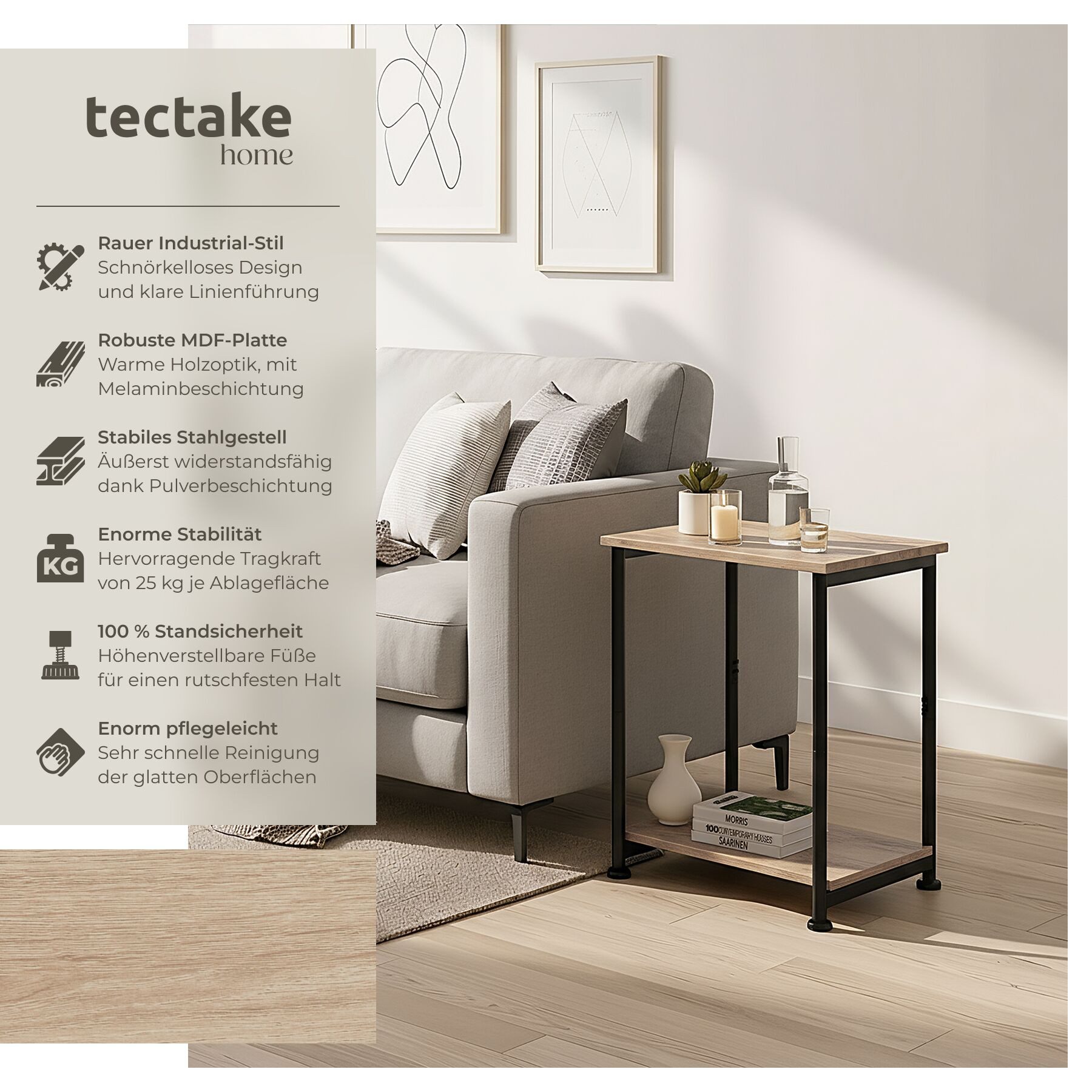 tectake Beistelltisch Yonkers (1-St., 1 tlg), Markanter Beistelltisch mit zwei Ablagen im rauen Industrie-Stil