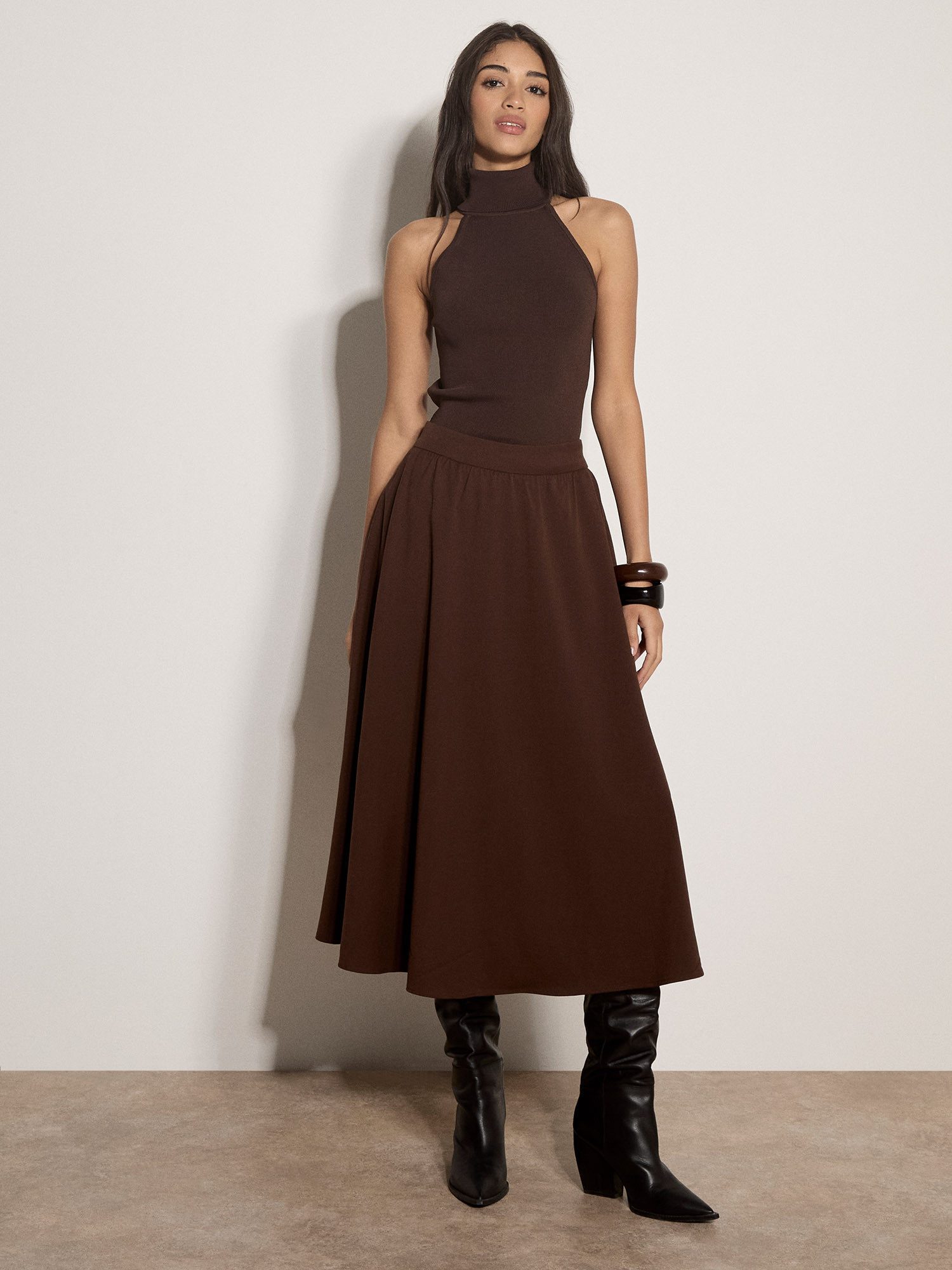 Apricot Midirock Wadenlanger A-Linien Rock aus gebürstetem Twill