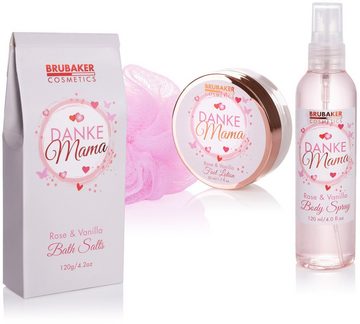 BRUBAKER Hautreinigungs-Set "Danke Mama" Dusch- und Badeset, 8-tlg., Mutter Beauty Geschenkset in dekorativer Wanne, Muttertagsgeschenk Wellness Pflegeset mit Rosen Vanille Duft, Geschenk für Mama