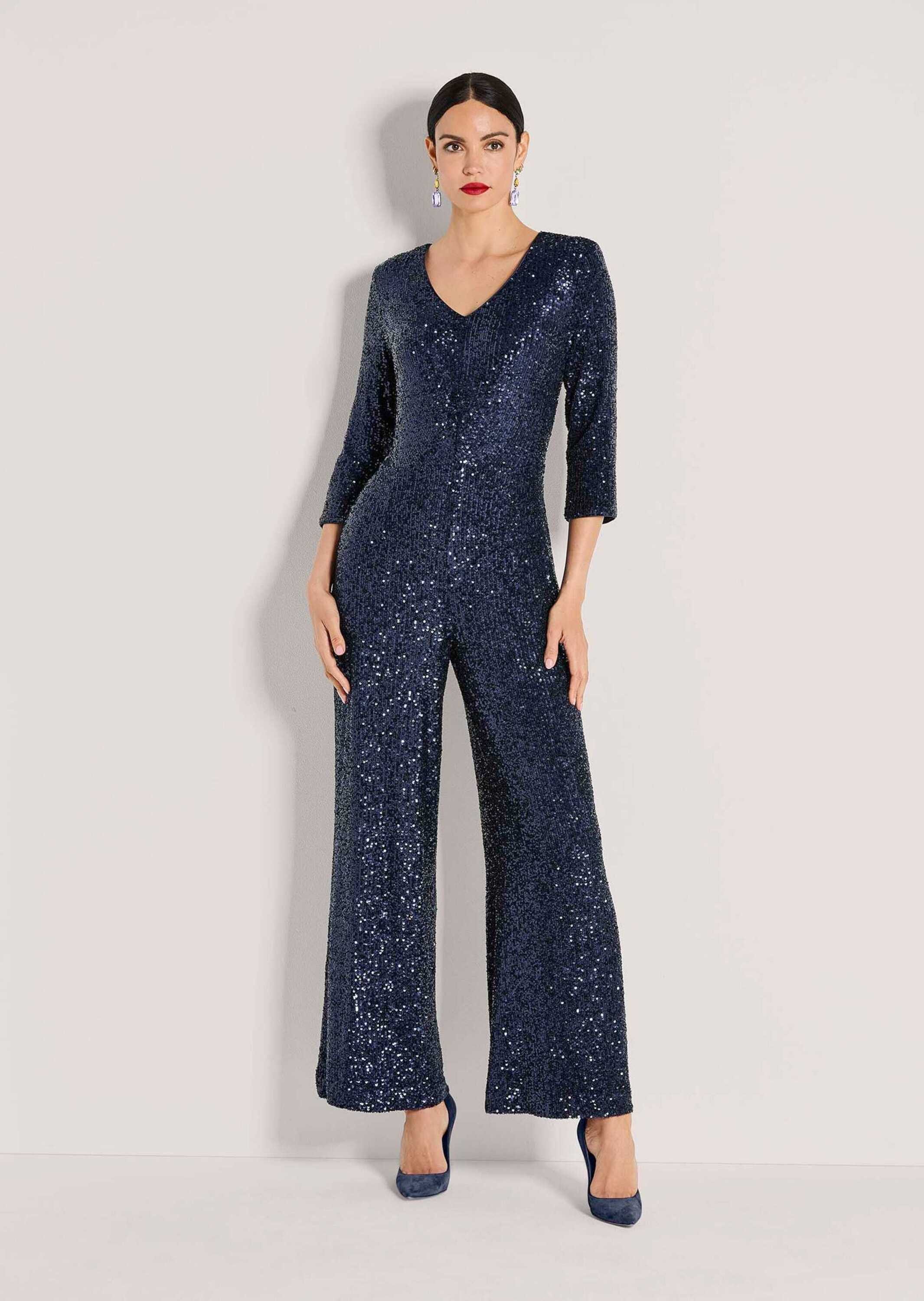 MADELEINE Jumpsuit Eleganter Pailletten-Einteiler Glanzoverall mit V-Aussch günstig online kaufen