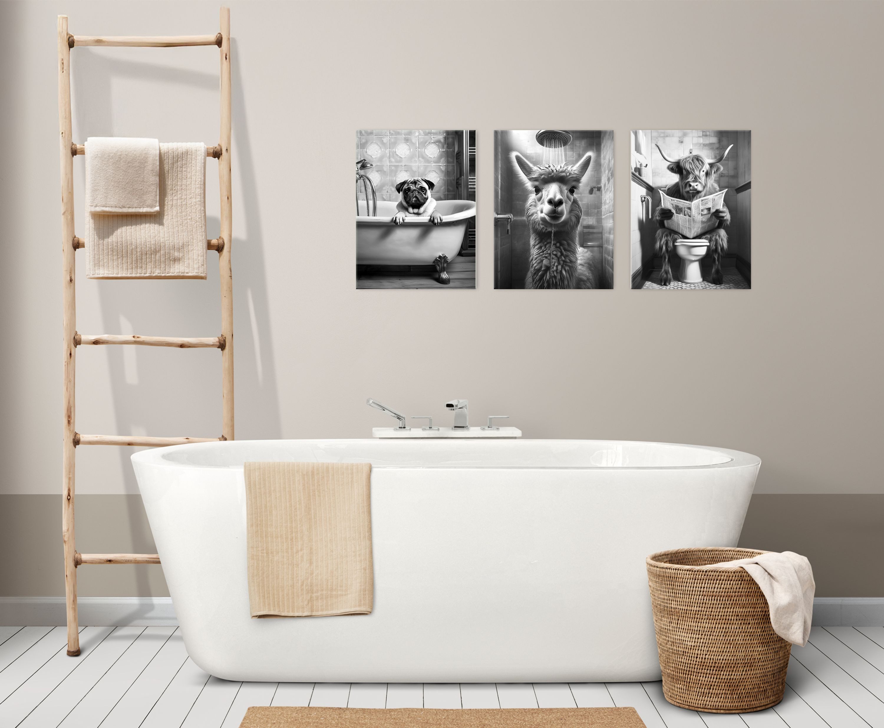 artissimo Mehrteilige Bilder Bilderset 3er-Set, Deko Bad / Badezimmer, schwarz-weiß, lustige Bilder, Badezimmerbild: Hochland Kuh / Alpaka / Mops – Bild 2 von 5