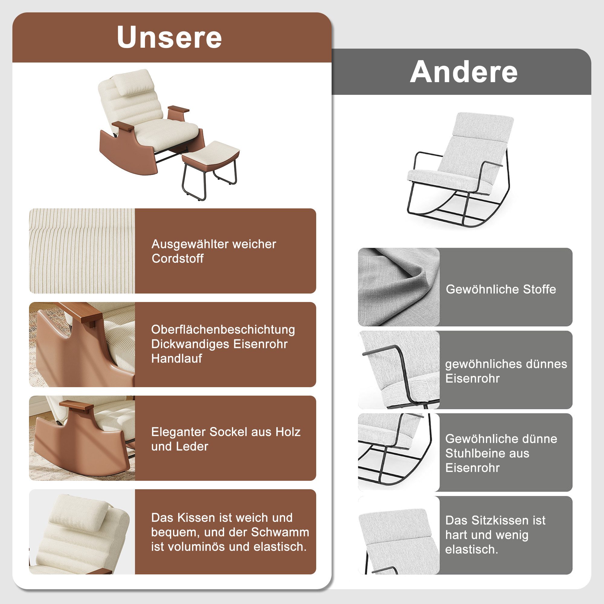 FUROKOY Schaukelstuhl Relaxsessel 3-stufia verstellbare Rückenlehne (Set, 1 St), Wohnzimmersessel mit Armlehnen und Hocker Cord,Beige,62x52x81cm