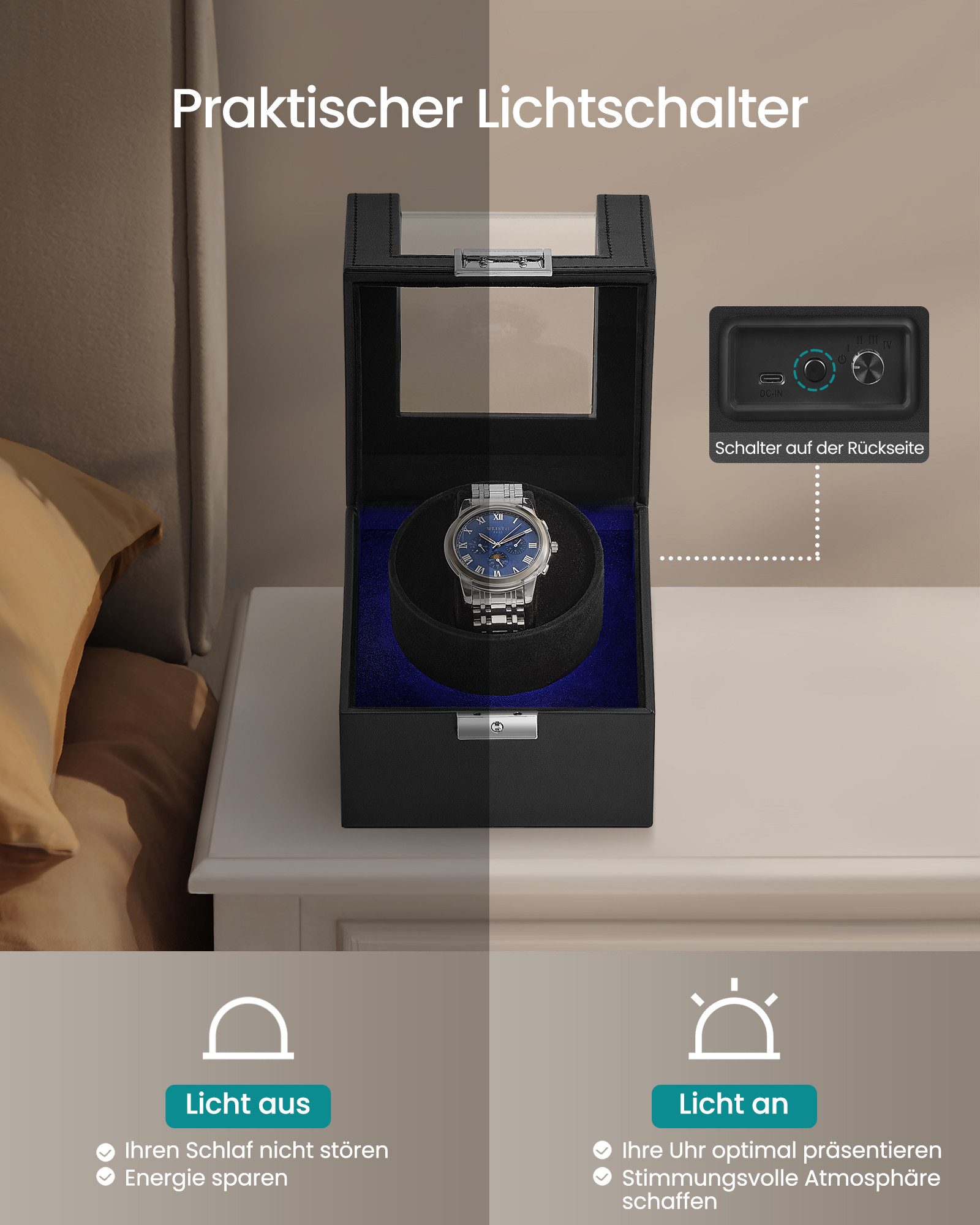 SONGMICS Uhrenbeweger Uhrenbox, Premium-Motor, mit LED-Licht, verstellbarem Uhrenkissen, Automatik Uhrenbeweger 2Uhr, Schloss, 4 Rotationsmodi, USB-C-Ladekabel – Bild 4 von 5