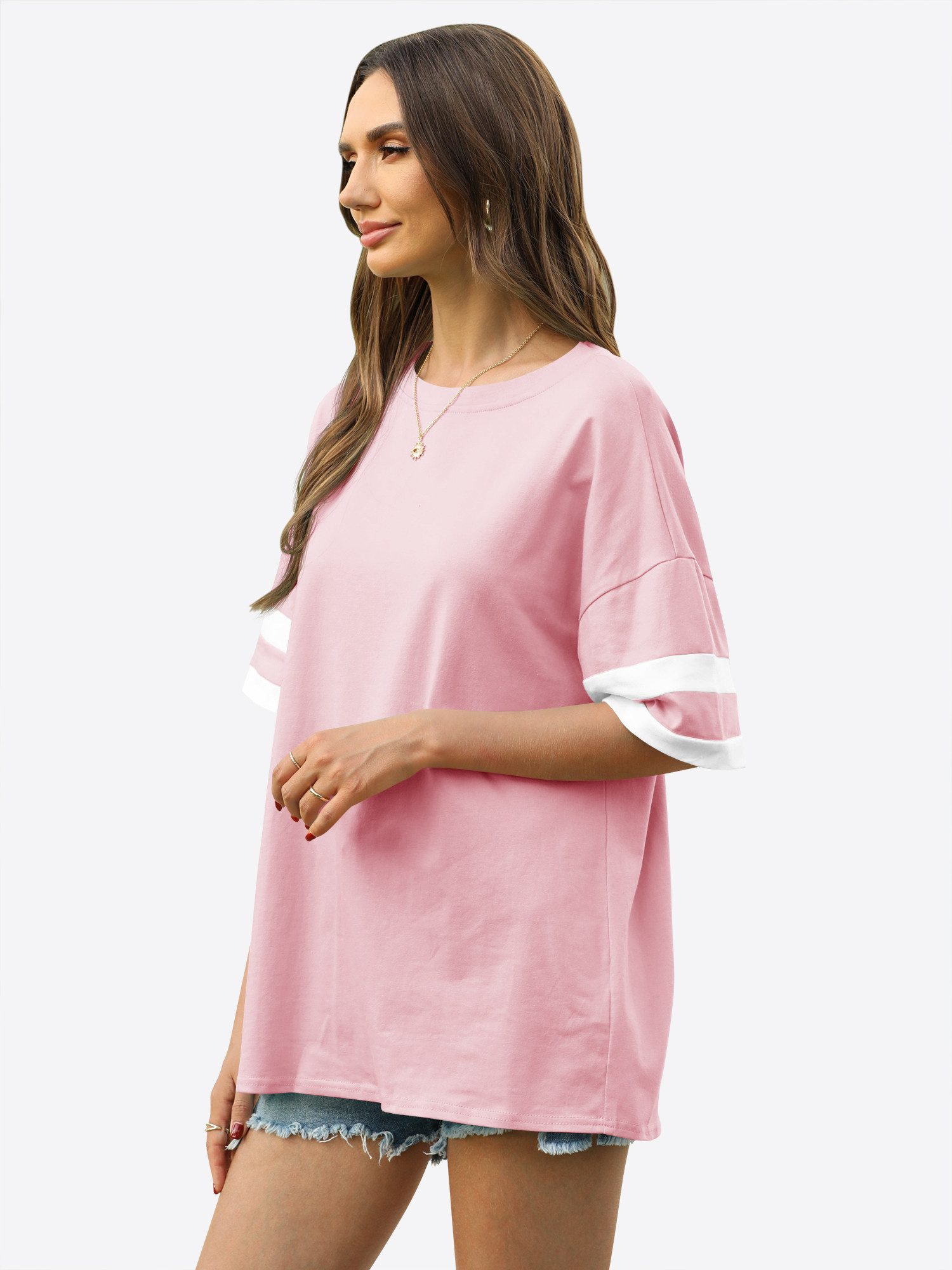 Imily Bela Kurzarmshirt Oversized T-Shirt Rundhalsausschnitt Loose Lässig (Packung, 1-tlg., 1per-Pack) mit Kontraststreifen an den Ärmeln – Bild 4 von 5