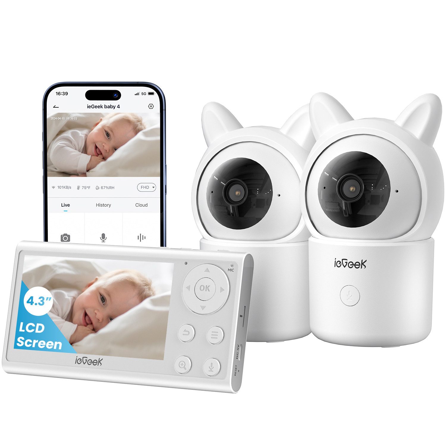 Video-Babyphone 4,3 Zoll WLAN Babyphone mit 2 Kameras 4,3” 1080P Kamera