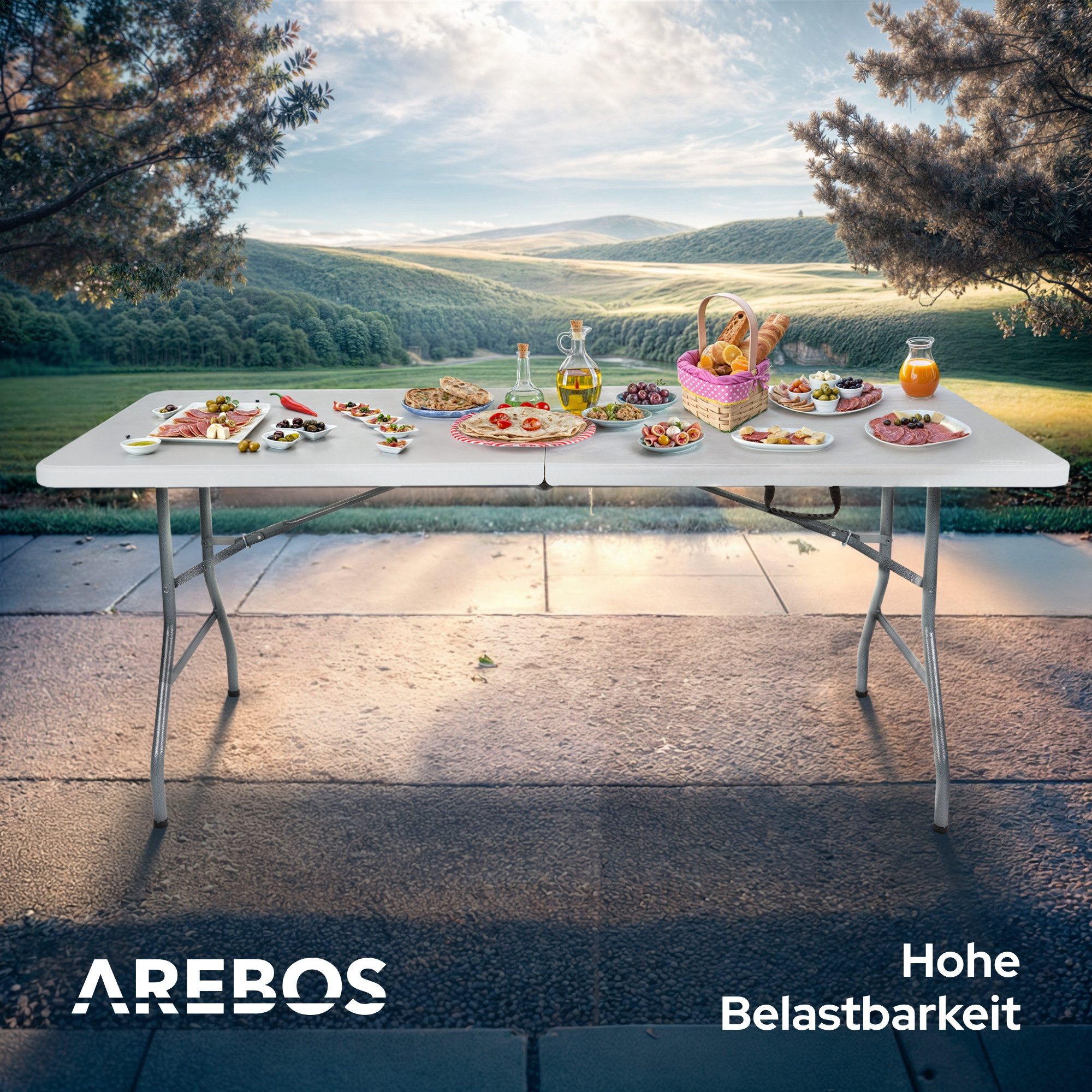 Arebos Klapptisch 182 cm, klappbar für Garten, Camping, Buffet, bis 150 kg, Einfach auf- und abzubauen – keine Werkzeuge nötig