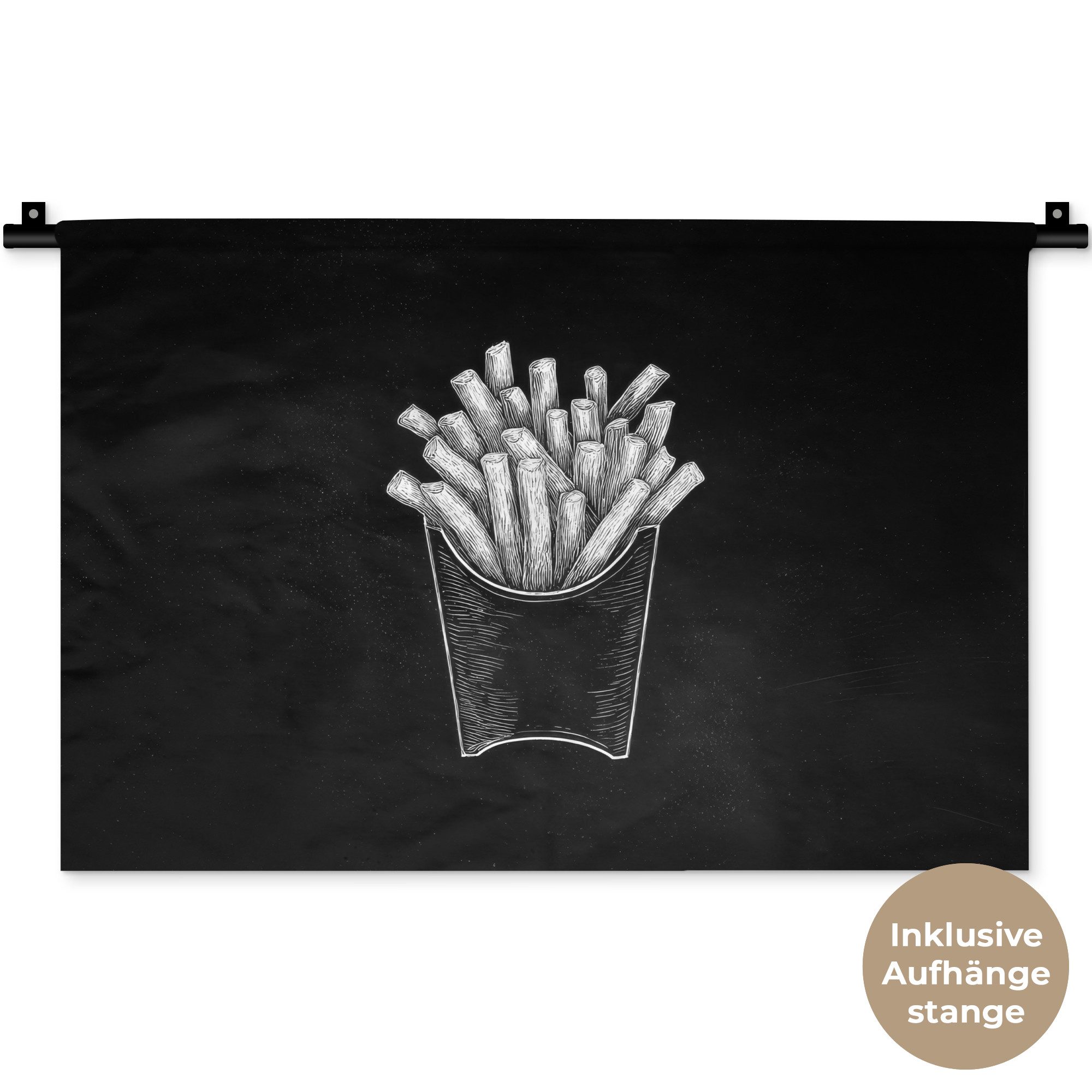 MuchoWow Wandteppich Pommes frites - Weiße Kreidezeichnung - Schwarz, Rechteckig, Höhe: 3 mm, Wandteppich für Wohnzimmer, Schlafzimmer, 60x40 cm